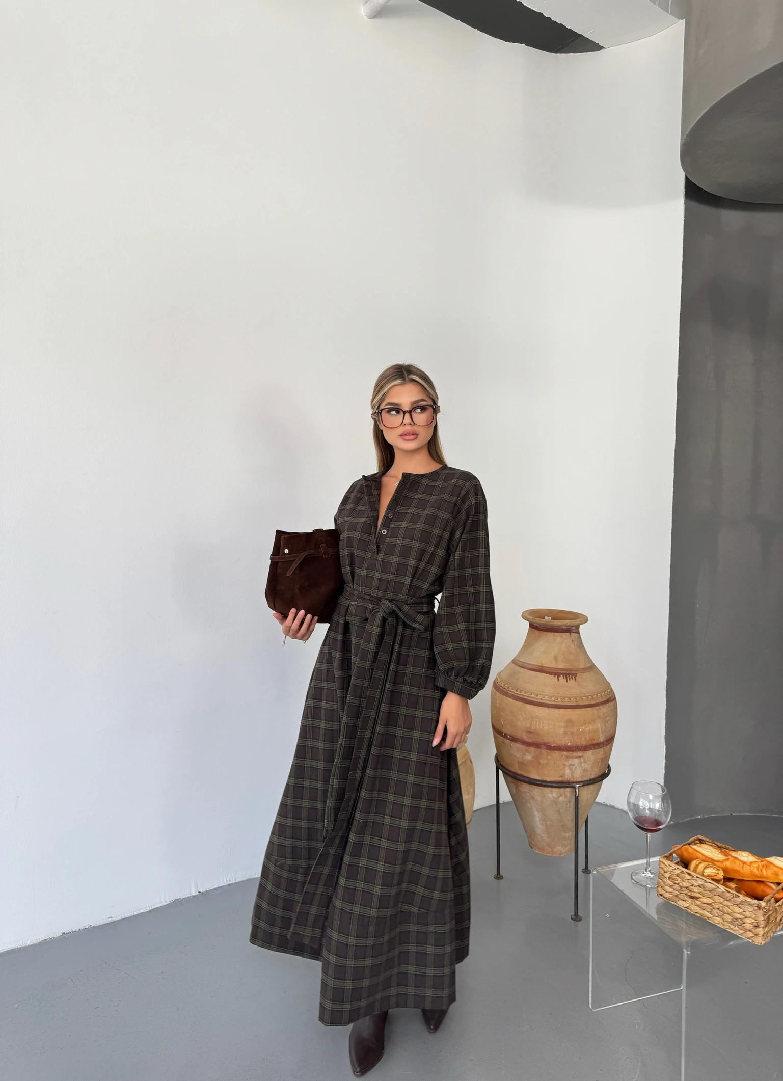 Luna Ekose Midi Elbise - Haki