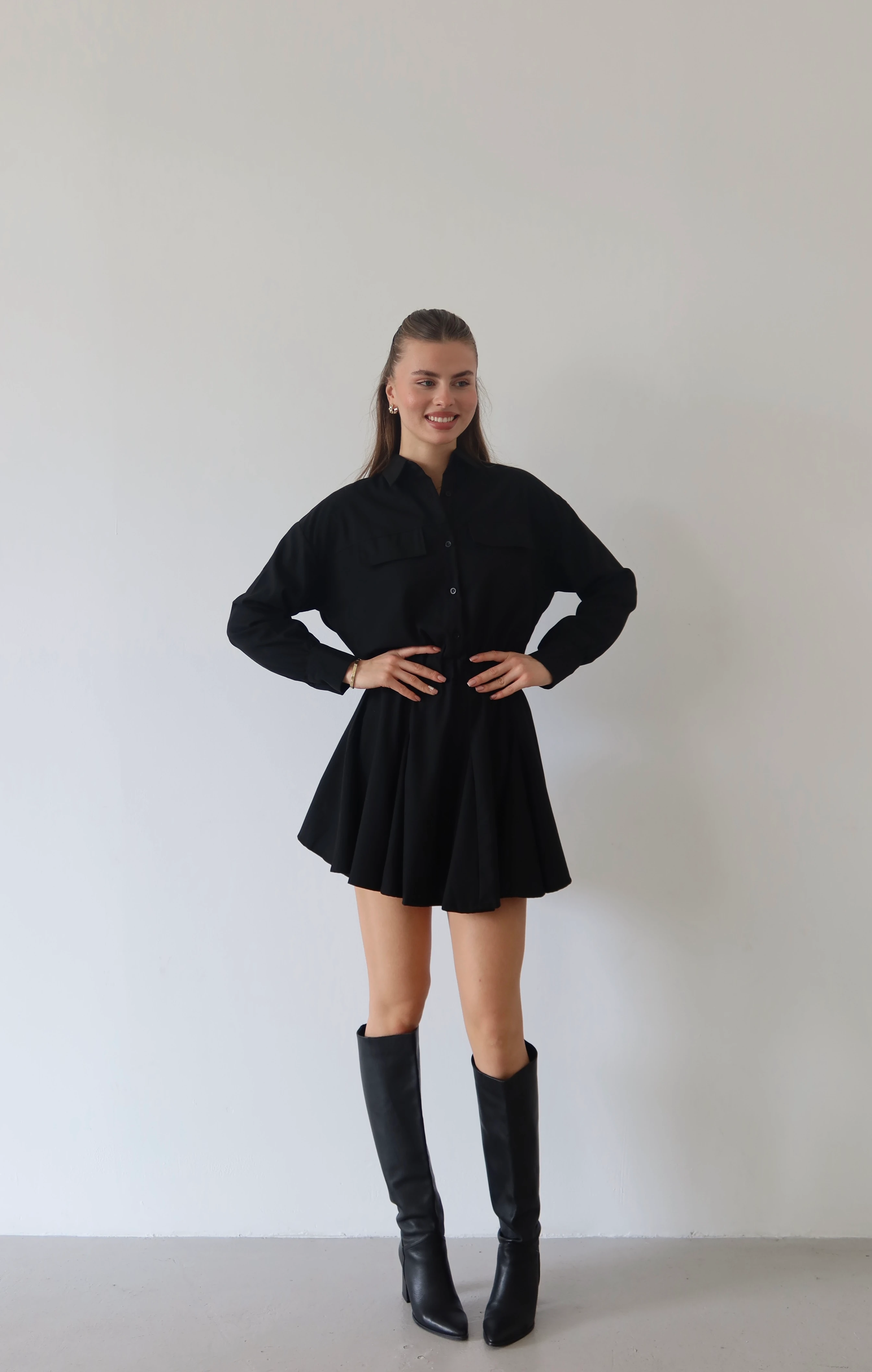 Bel Vurgulu Gömlek Elbise - Siyah