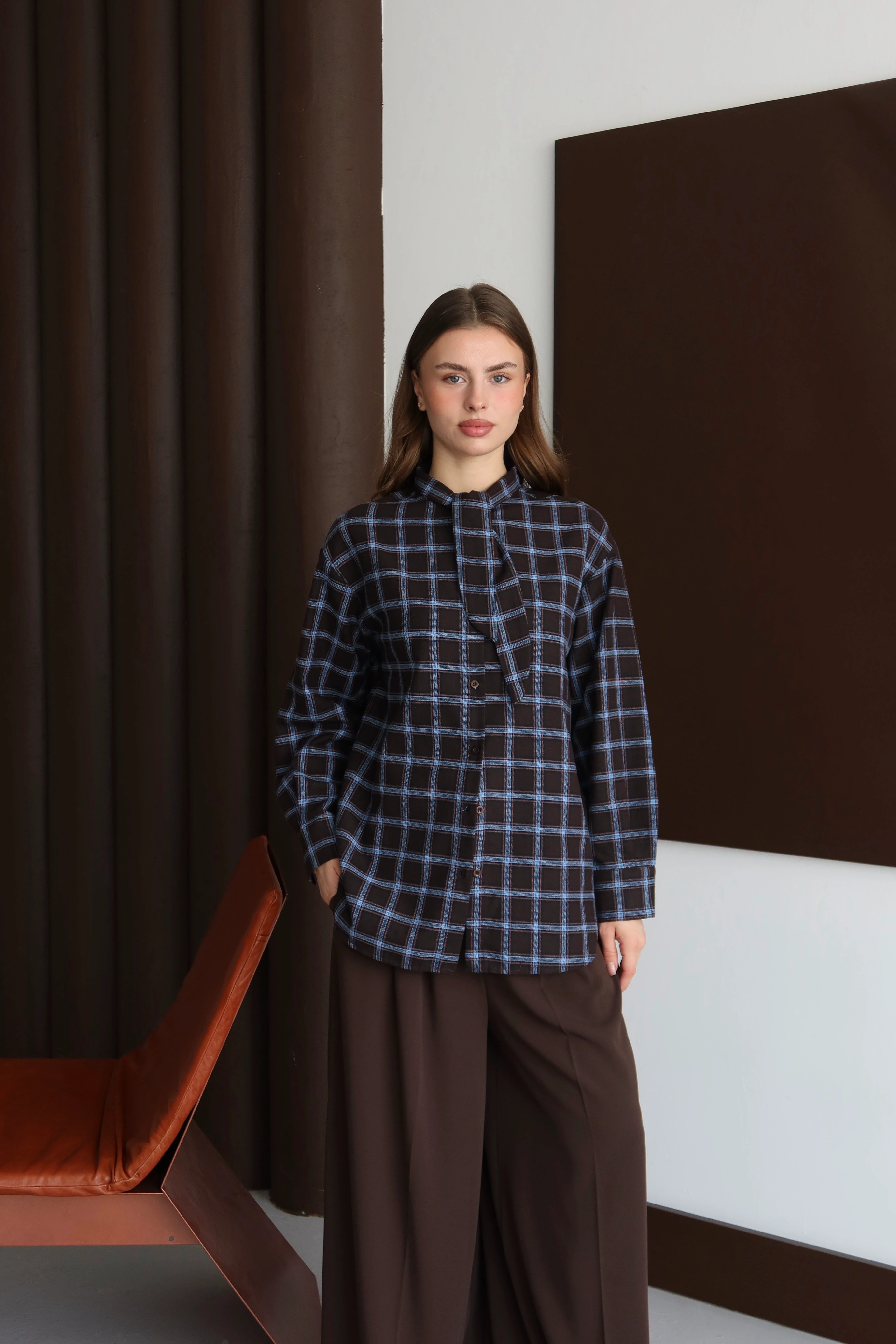 Bağ Yaka Ekose Gömlek - Kahverengi