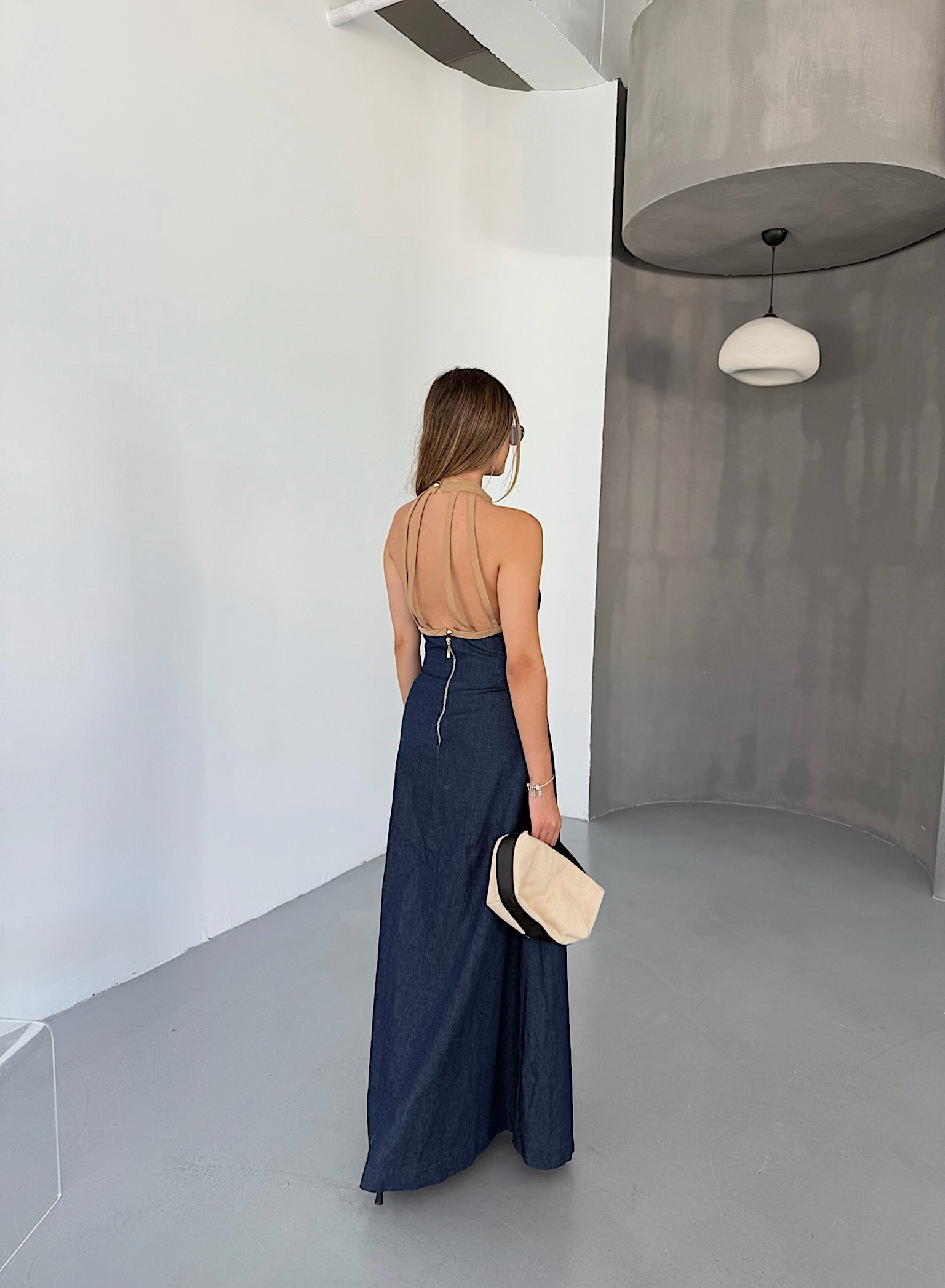 Denim Halter Maxi Elbise