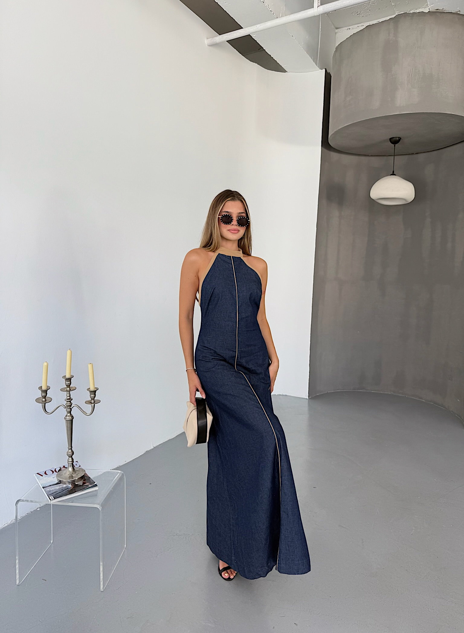 Denim Halter Maxi Elbise - Mavi