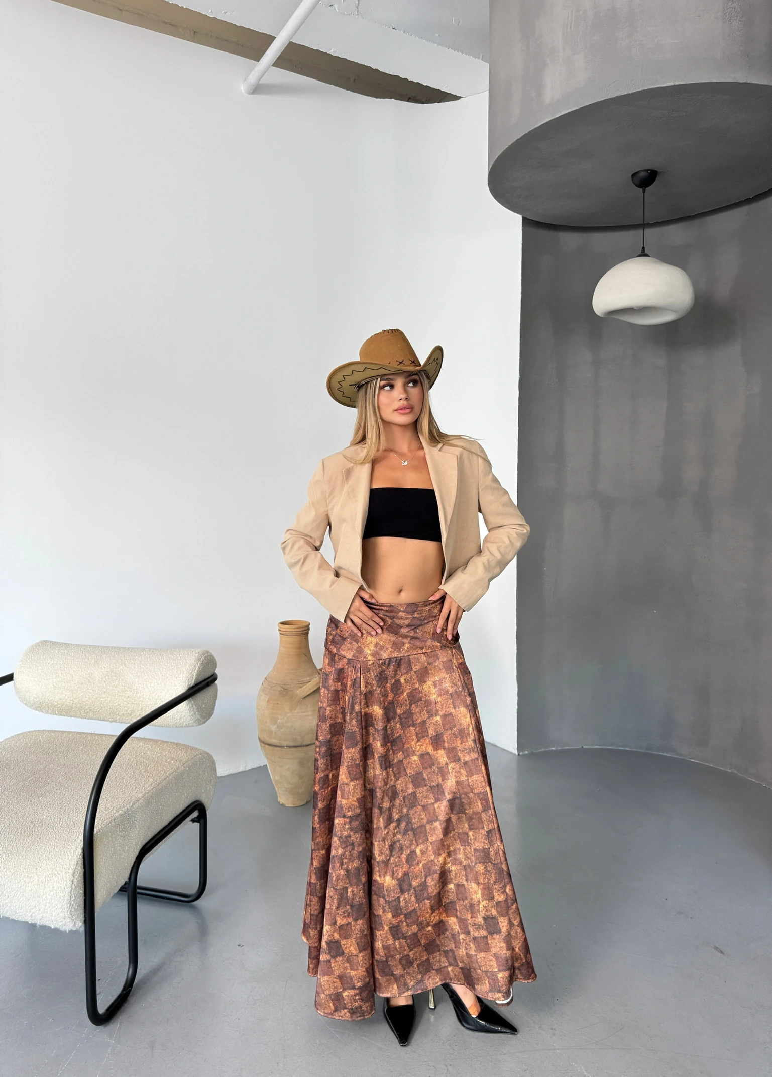 Saten Karetta Etek - Sütlü Kahverengi