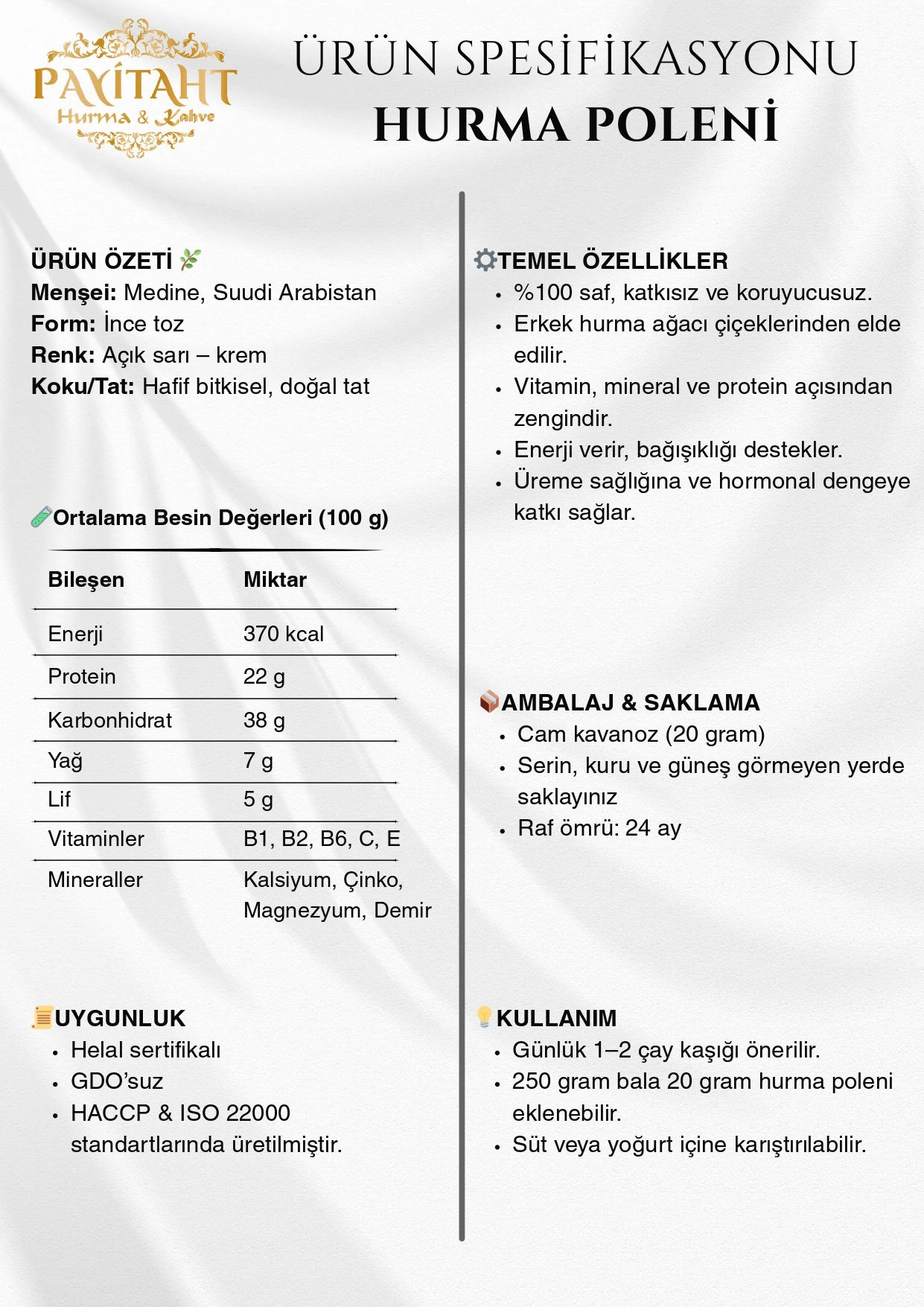 PAYİTAHT HURMA KATKISIZ %100 SAF DOĞAL MEDİNE HURMA POLENİ 20 GR