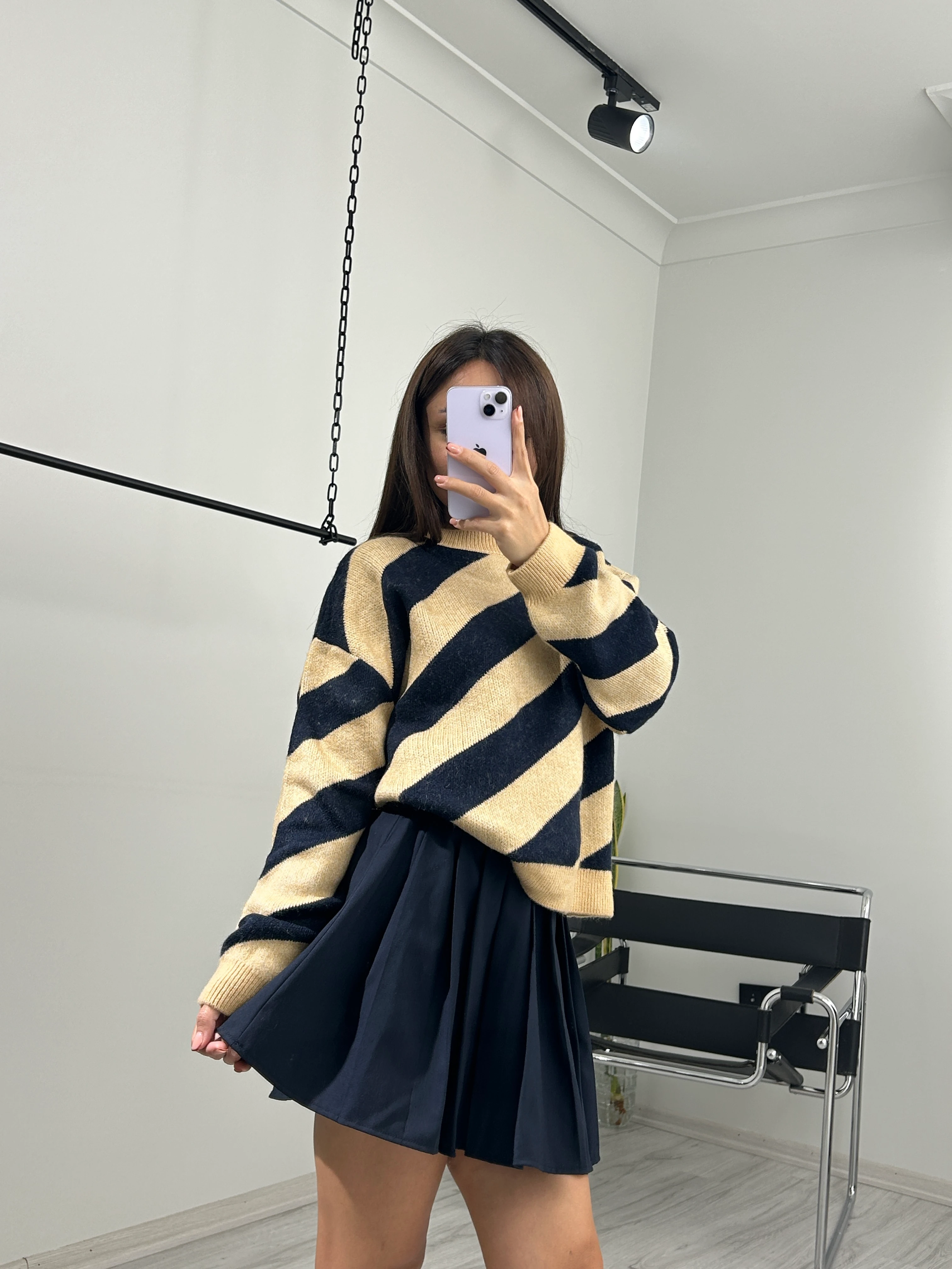 Bej Lacivert çizgili kazak