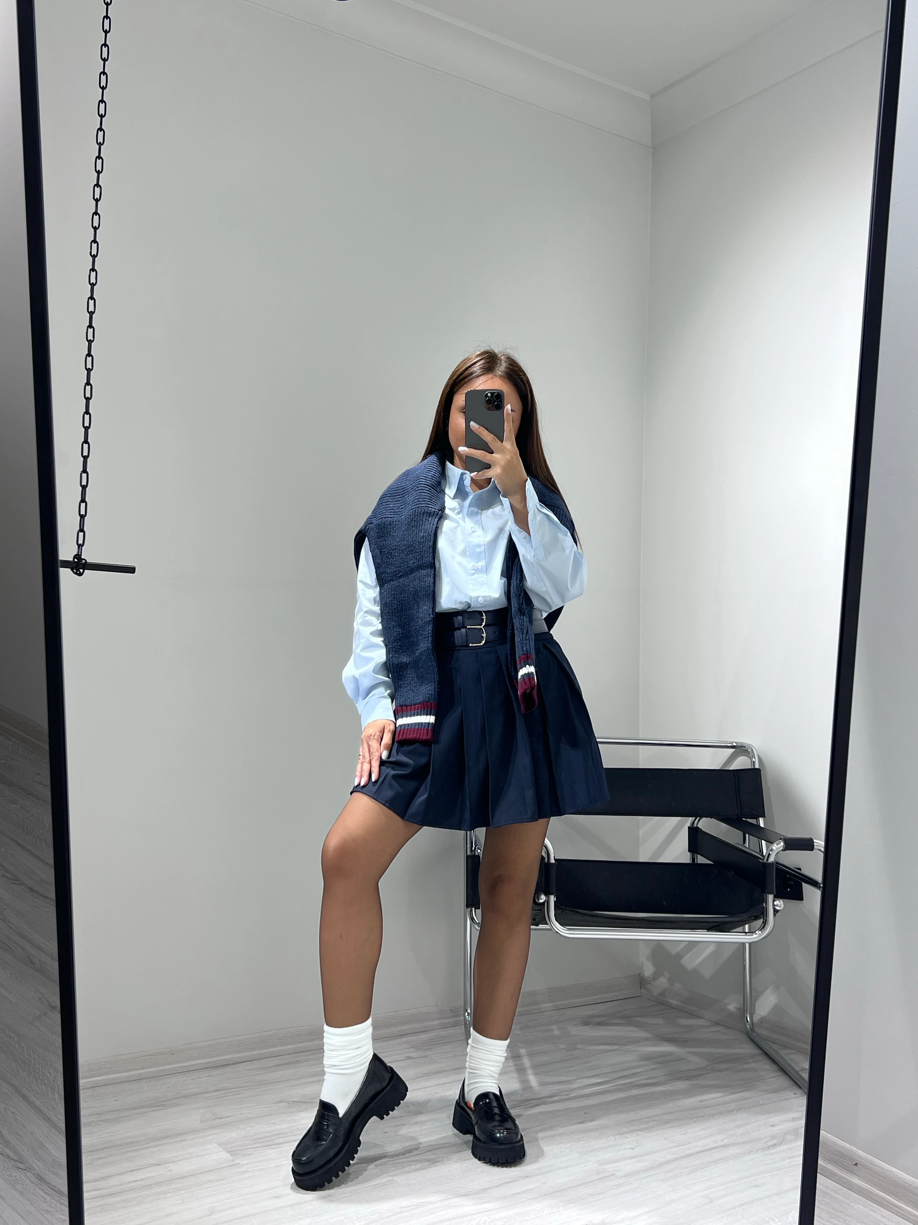 Çift kemerli pileli etek lacivert