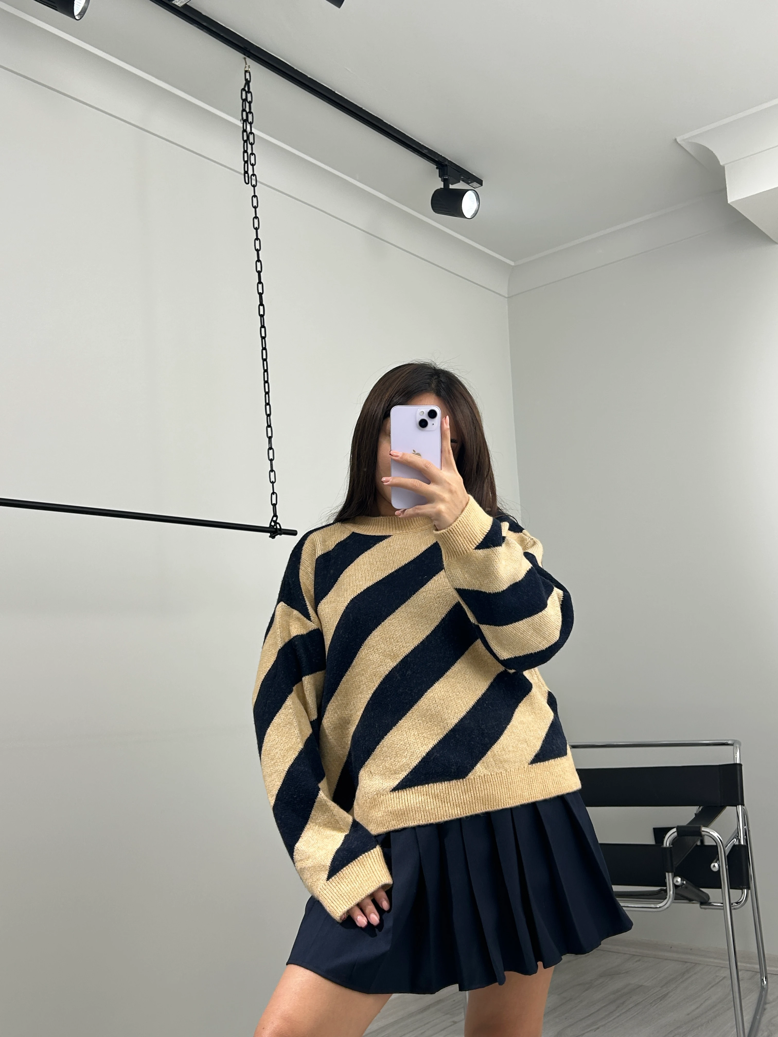 Bej Lacivert çizgili kazak