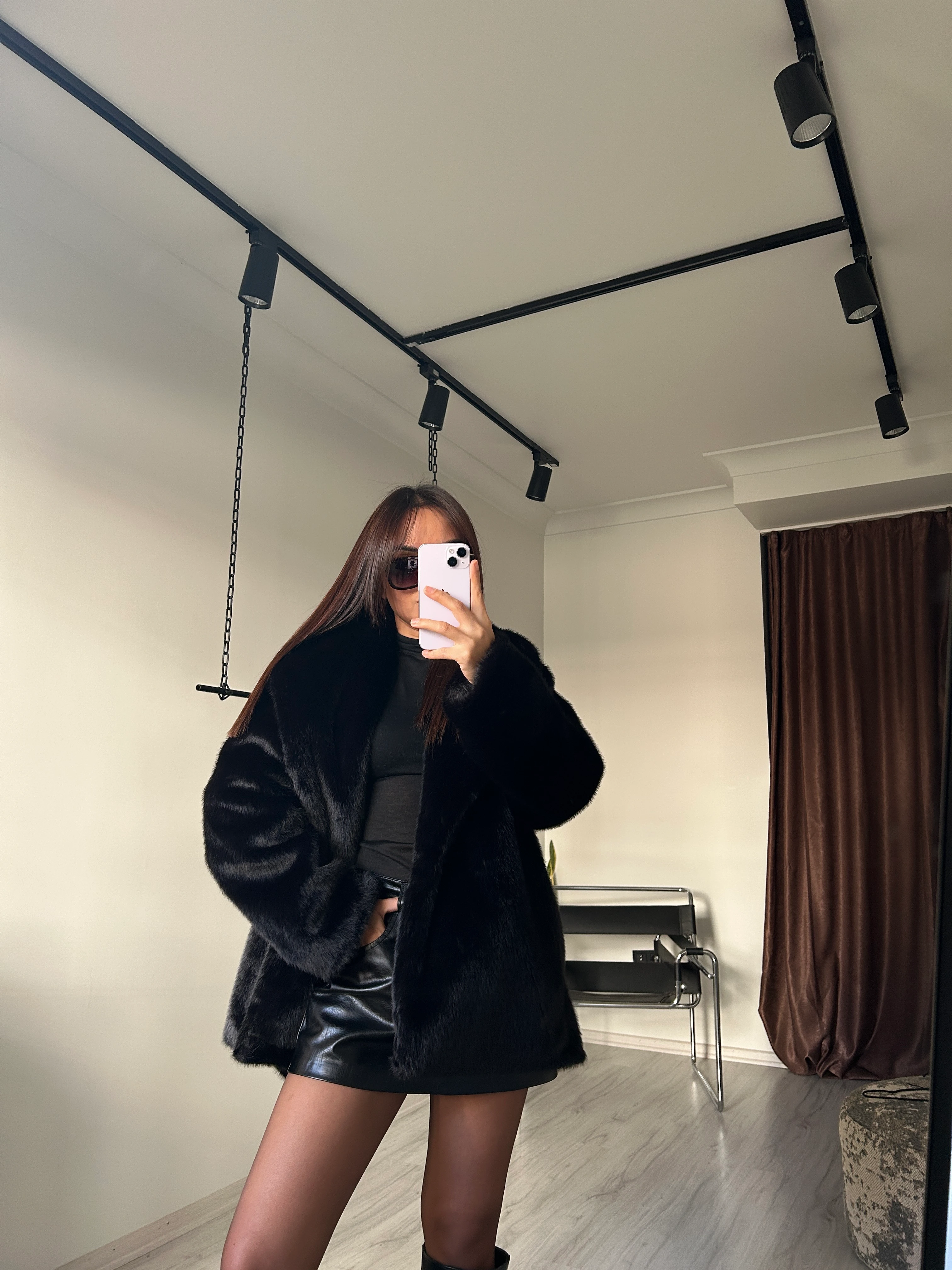 Kuşaklı Peluş Kürk siyah