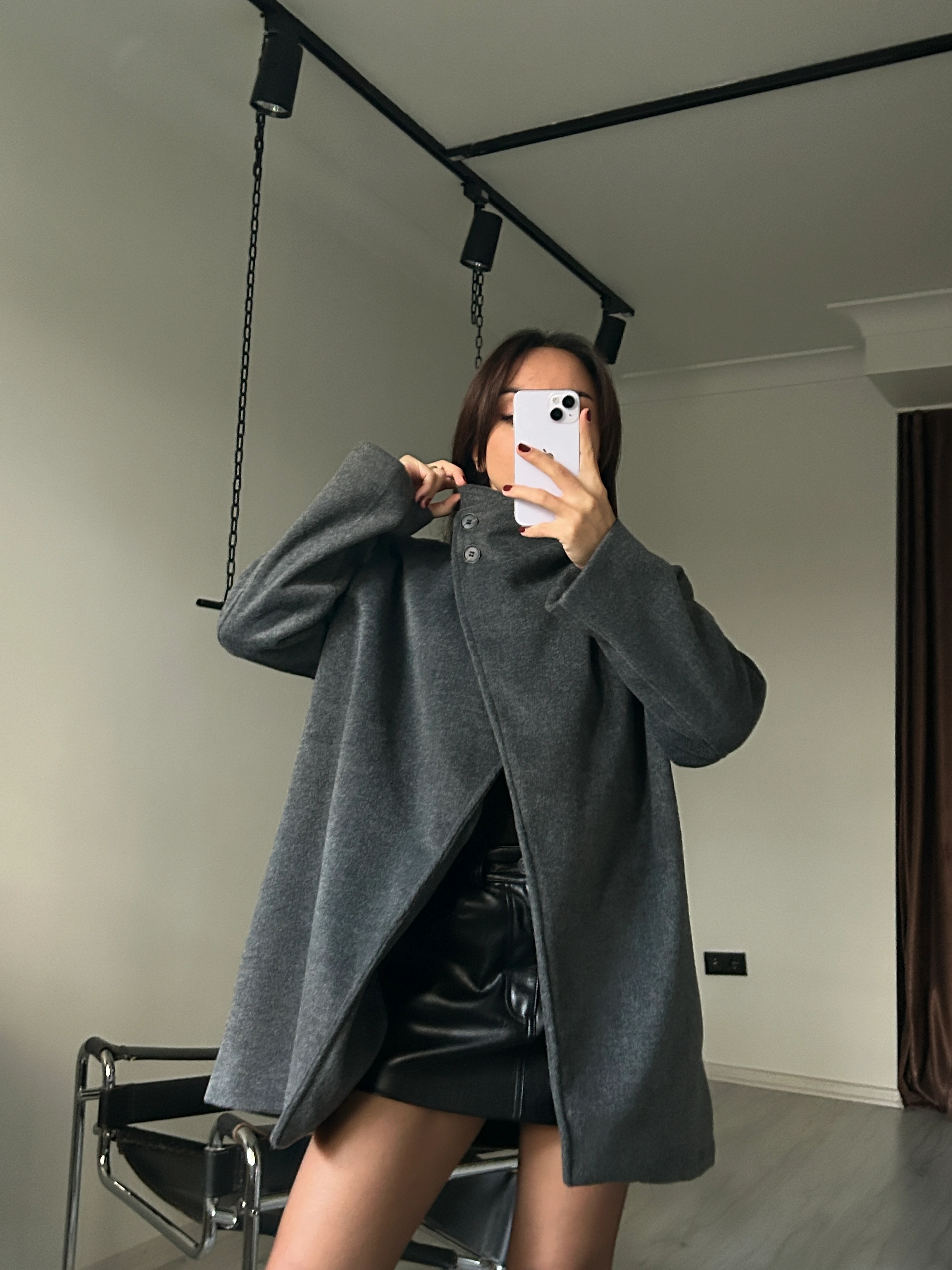 Dik yaka kuşaklı kaşe kaban