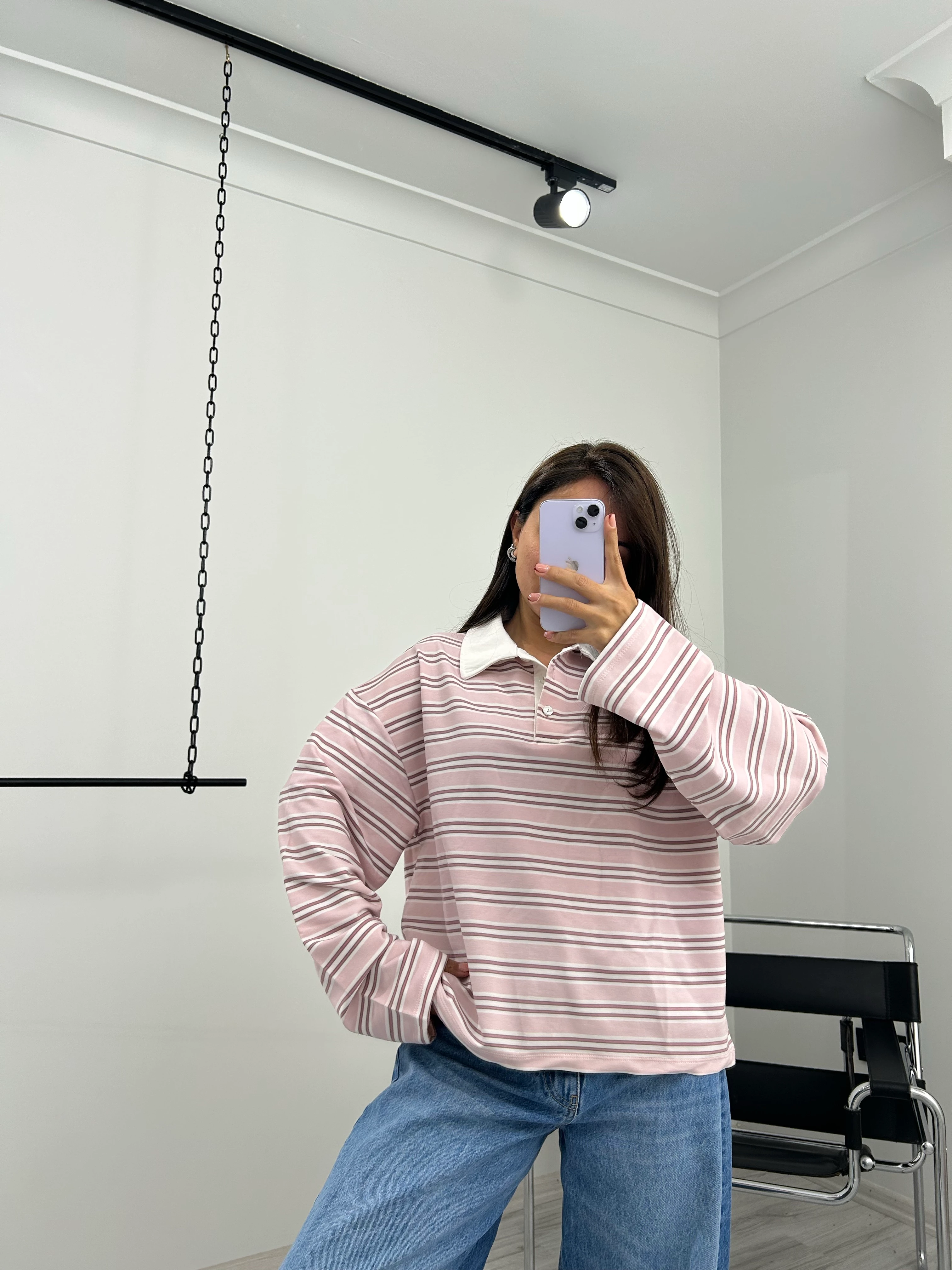 Çizgili polo yaka longsleeve