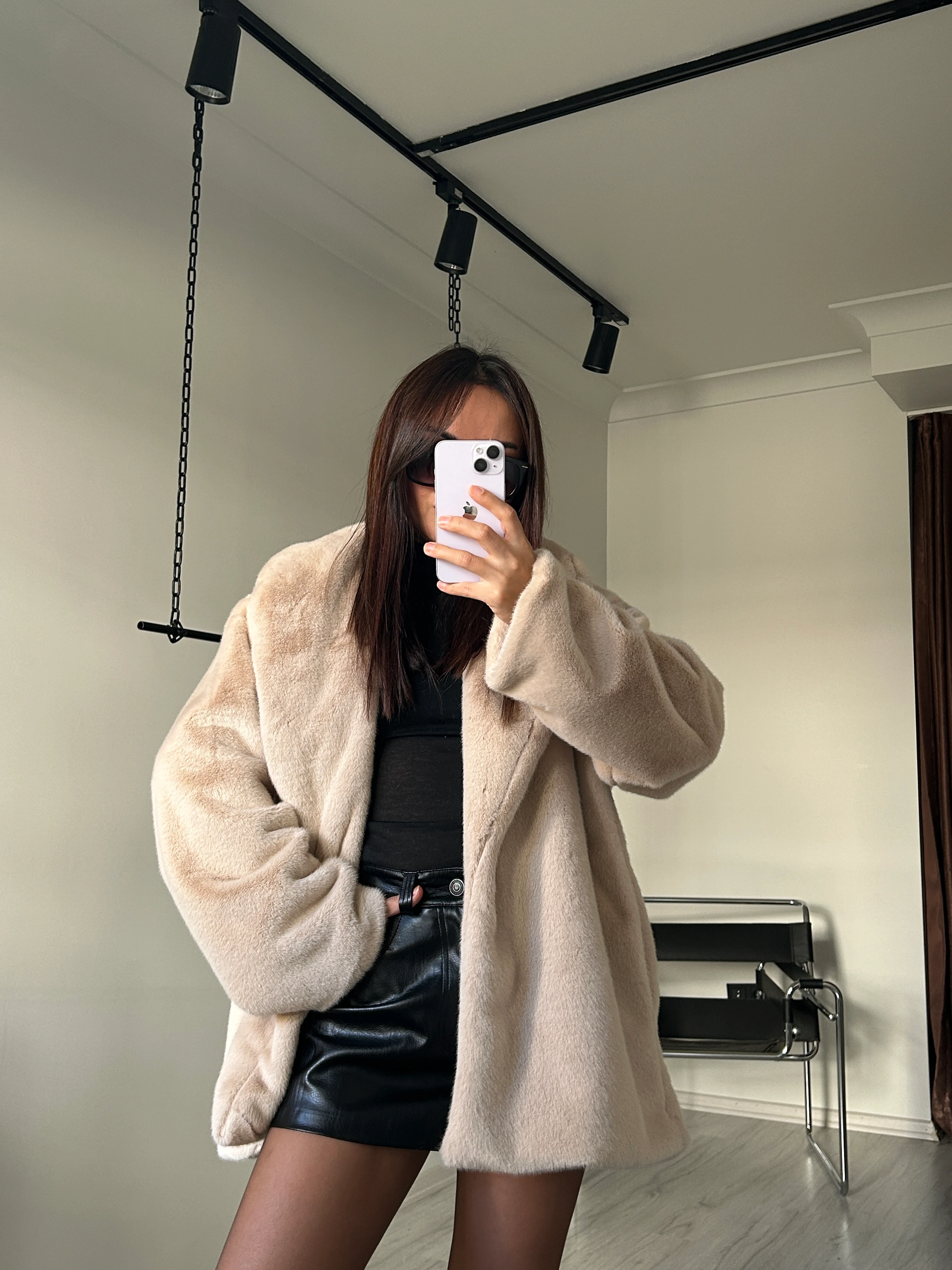 Kuşaklı Peluş Kürk bej