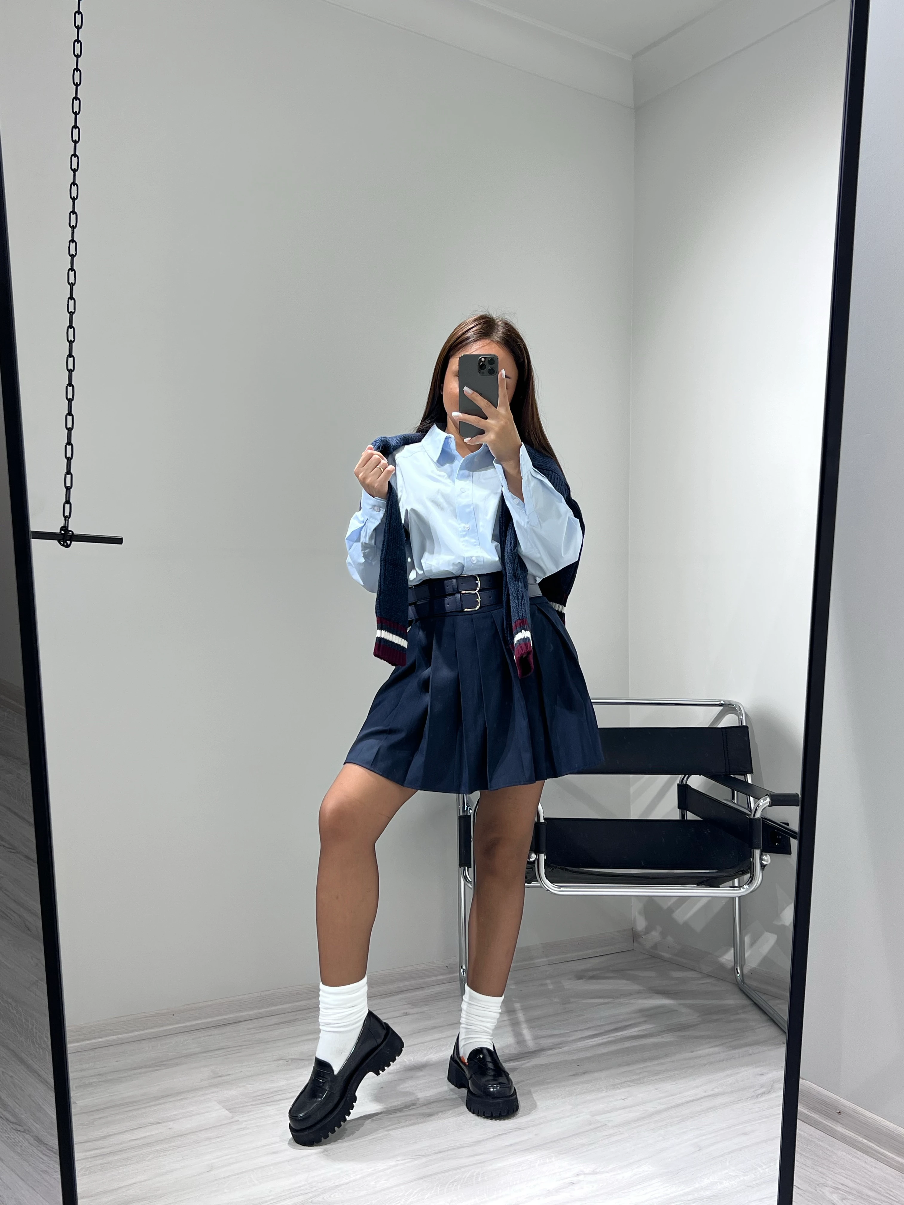 Çift kemerli pileli etek lacivert