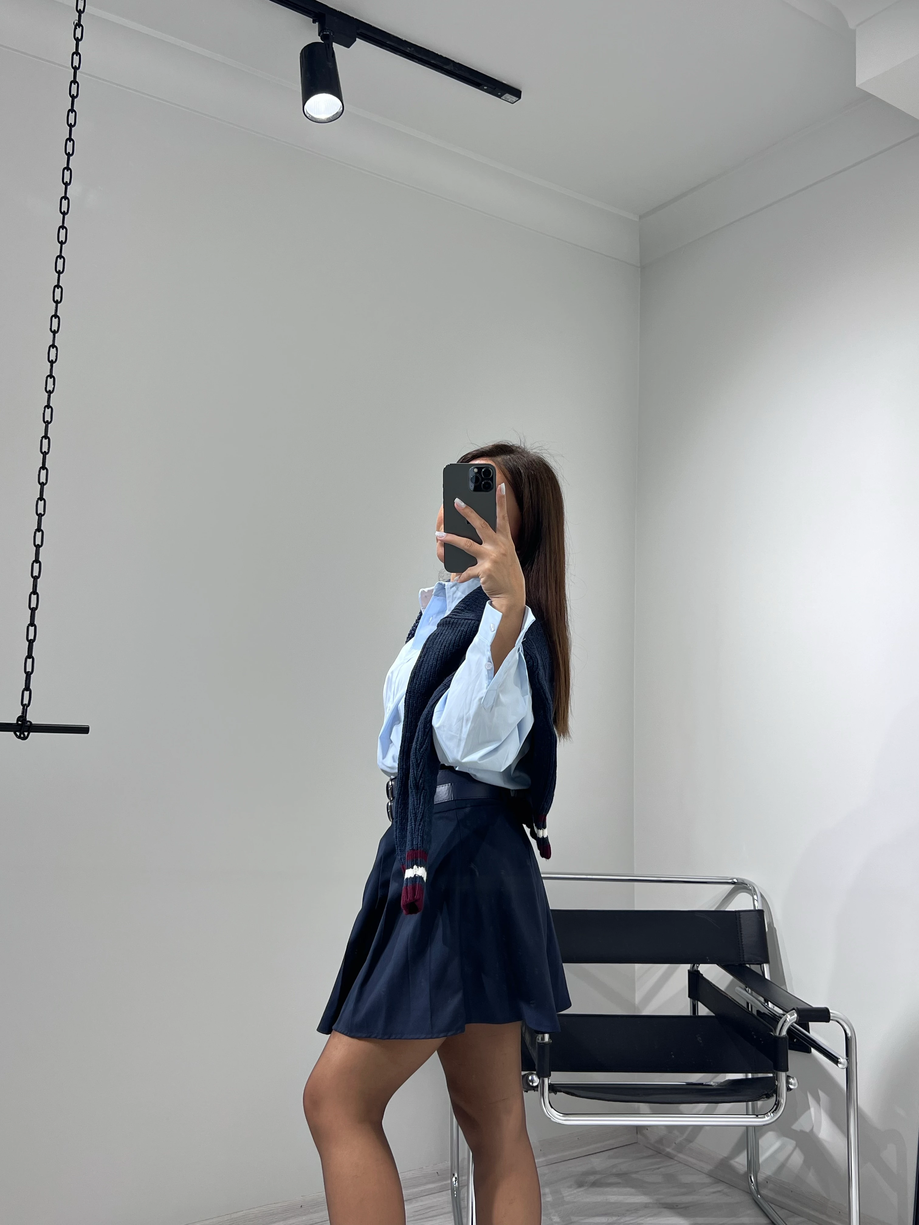 Çift kemerli pileli etek lacivert