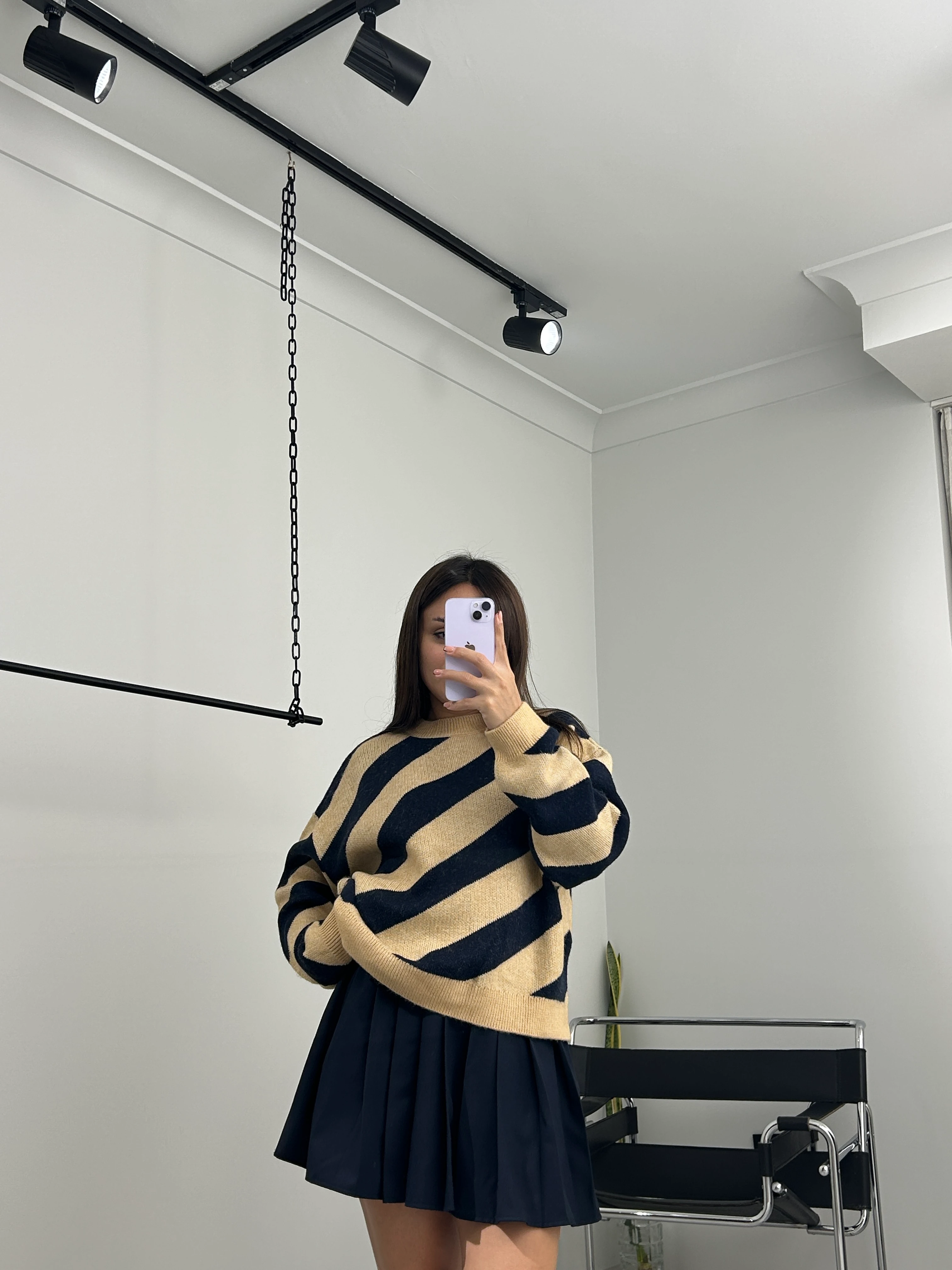 Bej Lacivert çizgili kazak