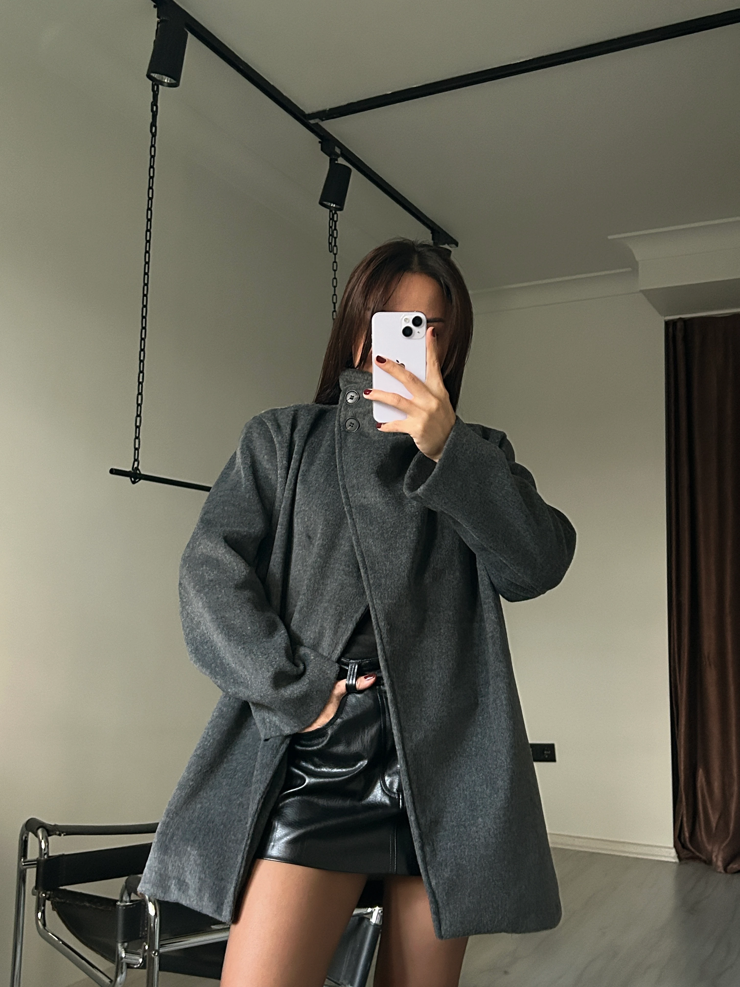 Dik yaka kuşaklı kaşe kaban