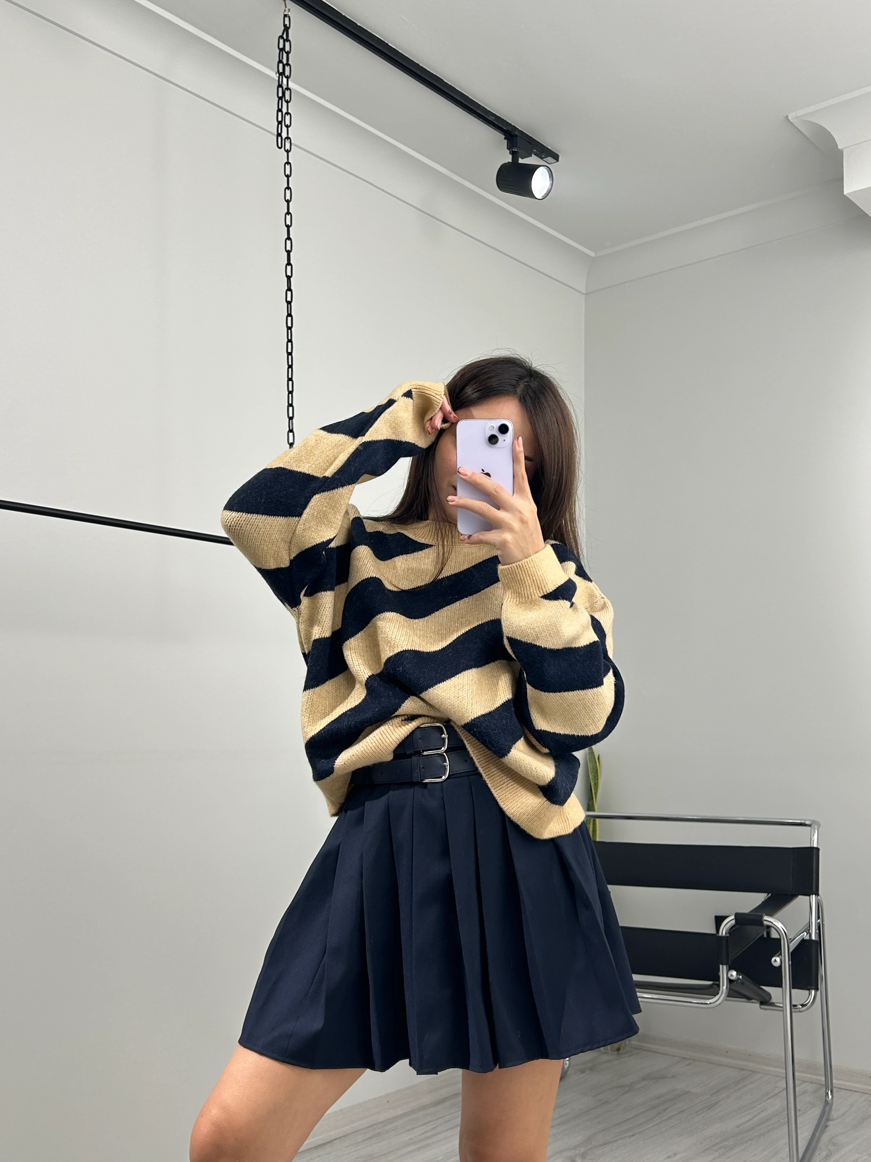 Bej Lacivert çizgili kazak