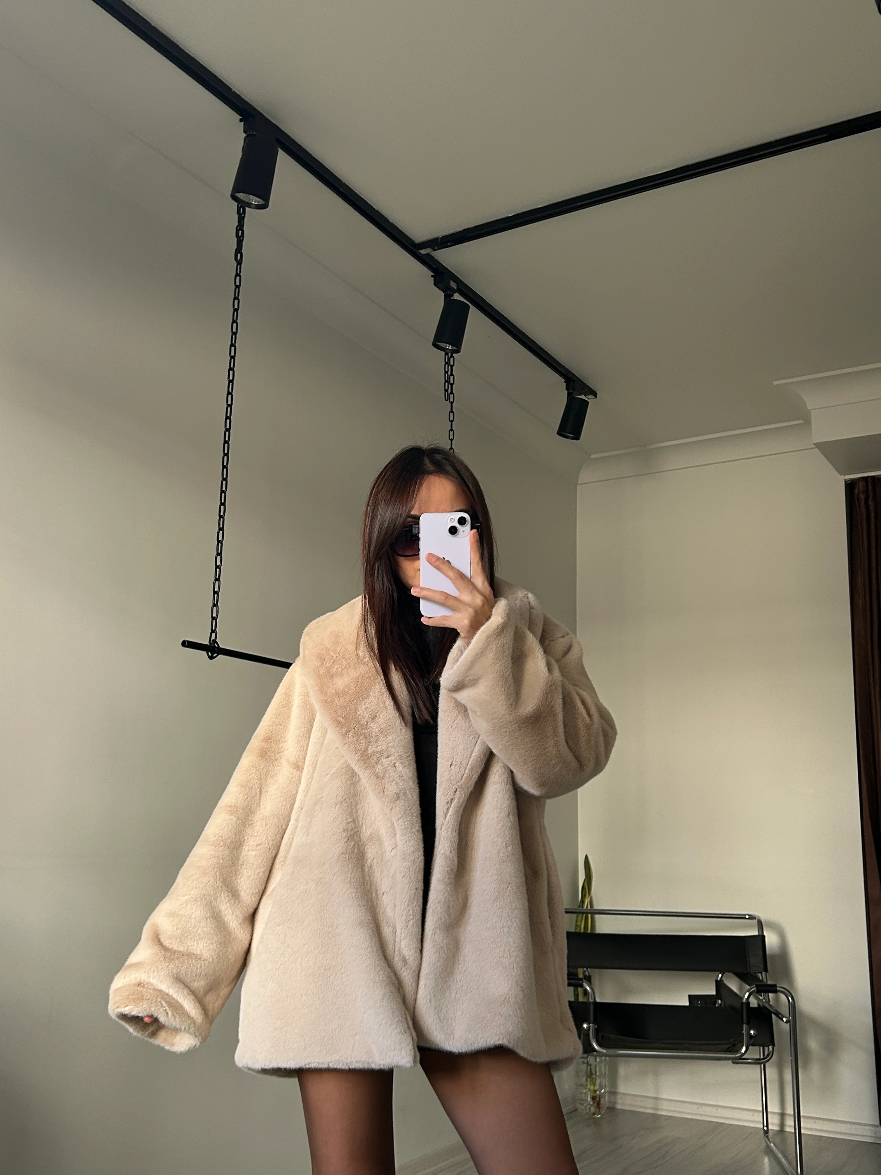 Kuşaklı Peluş Kürk bej