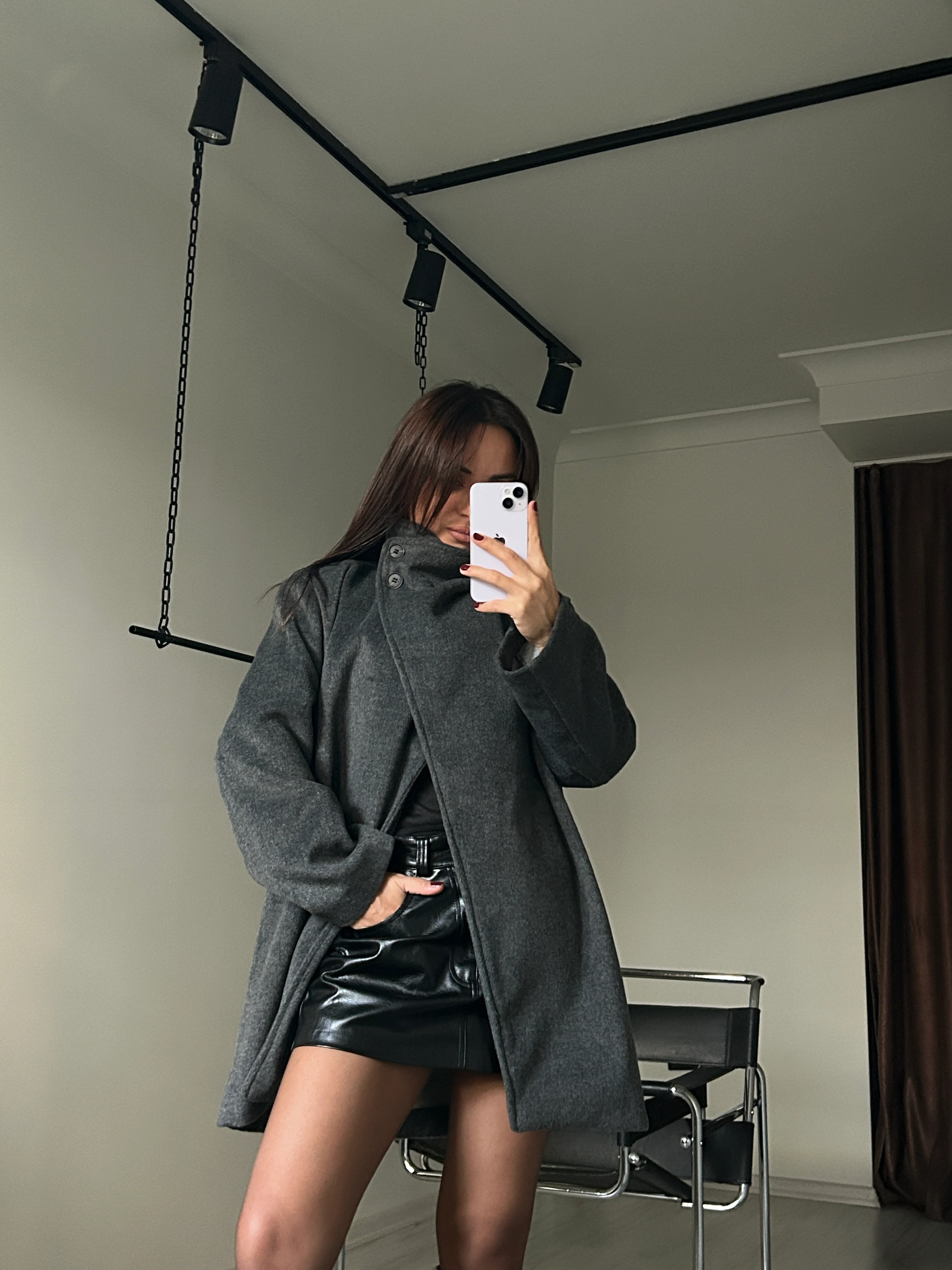 Dik yaka kuşaklı kaşe kaban