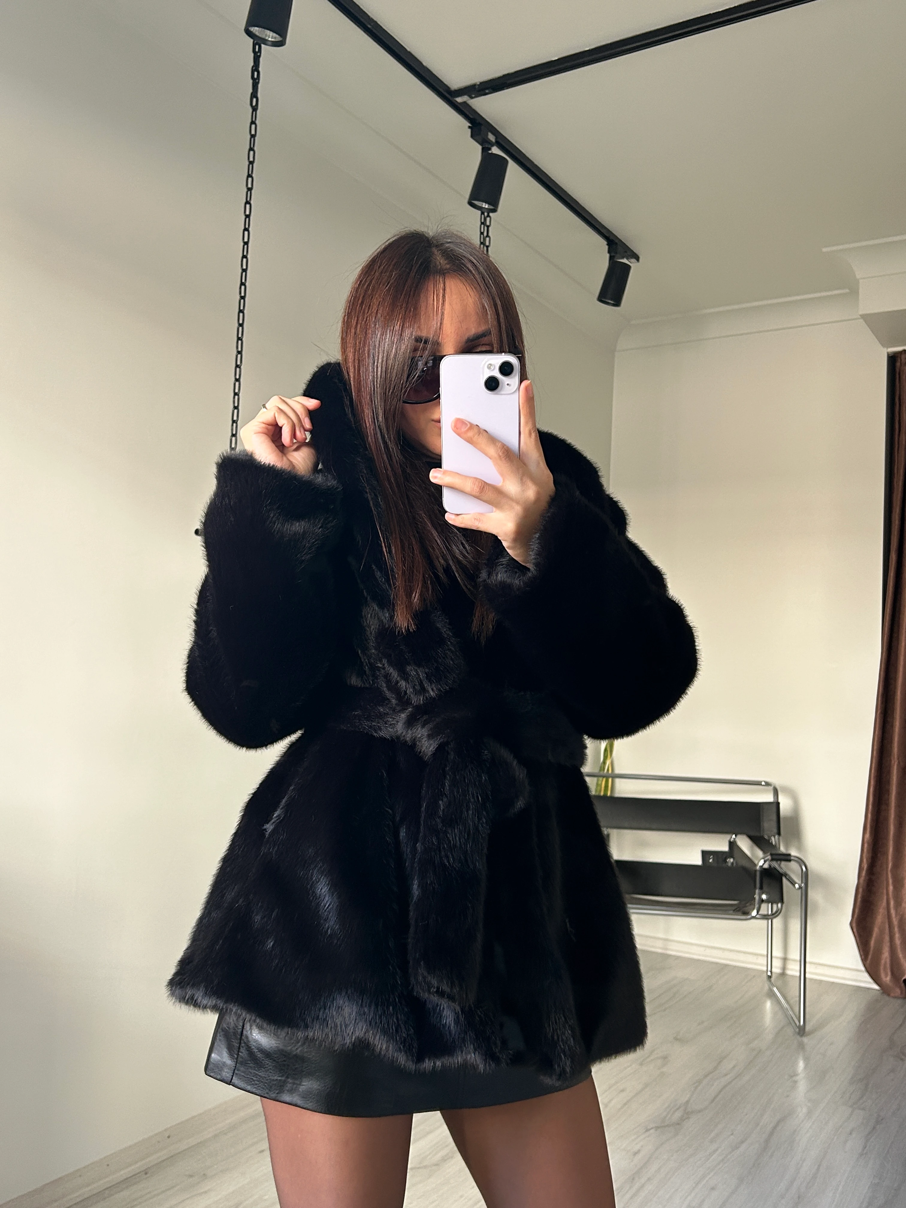 Kuşaklı Peluş Kürk siyah