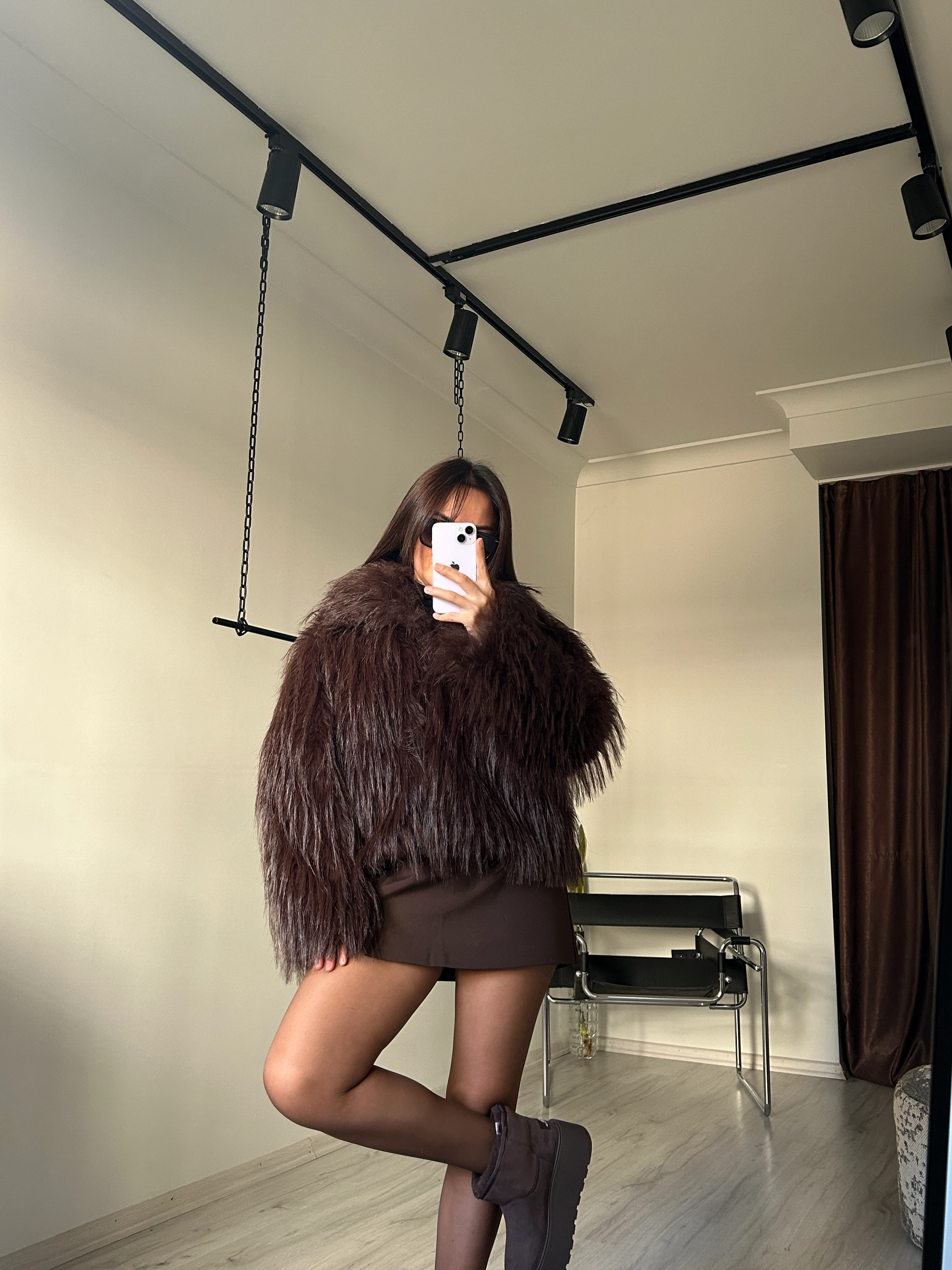 Saçaklı kürk kahve