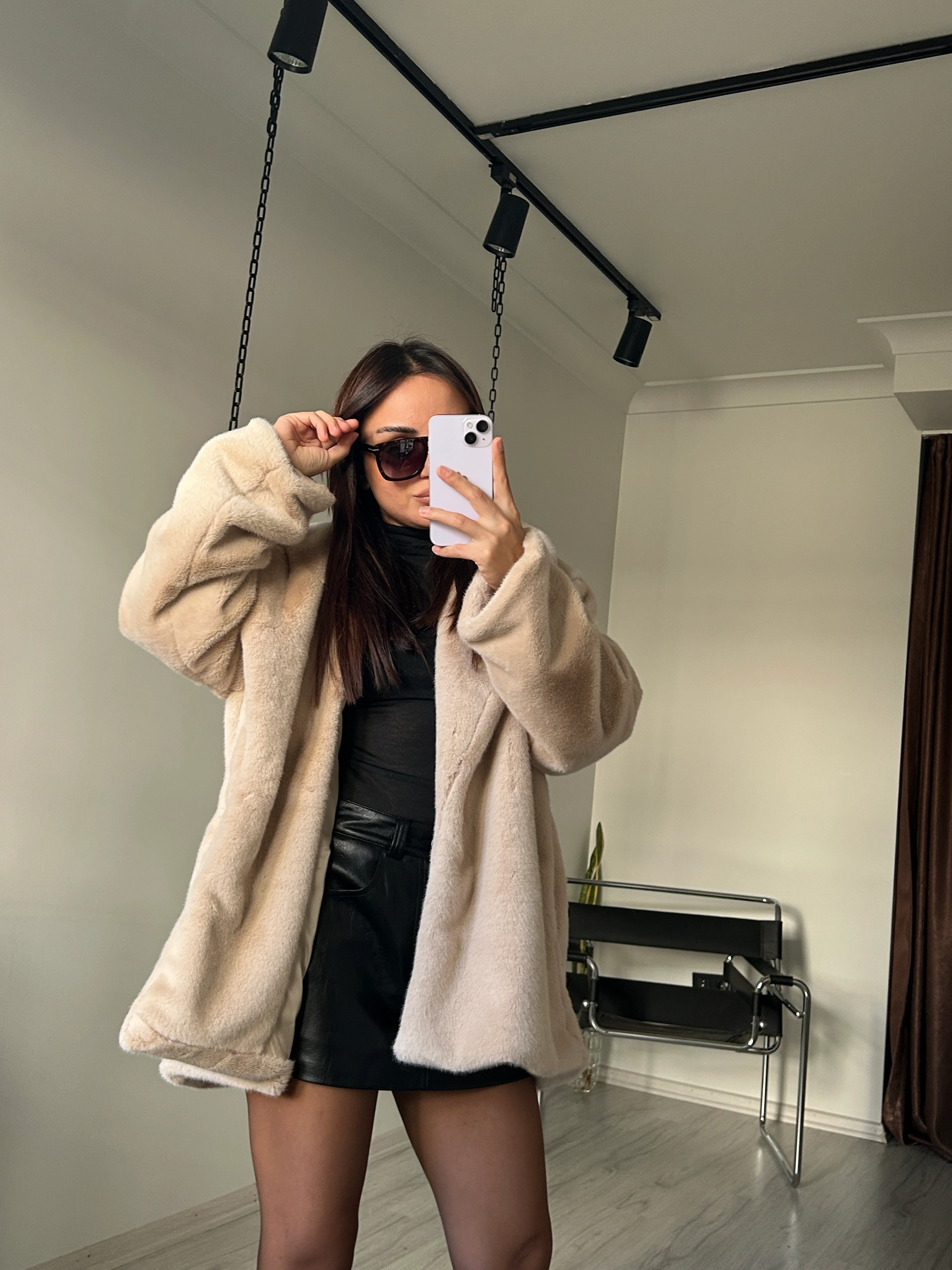 Kuşaklı Peluş Kürk bej