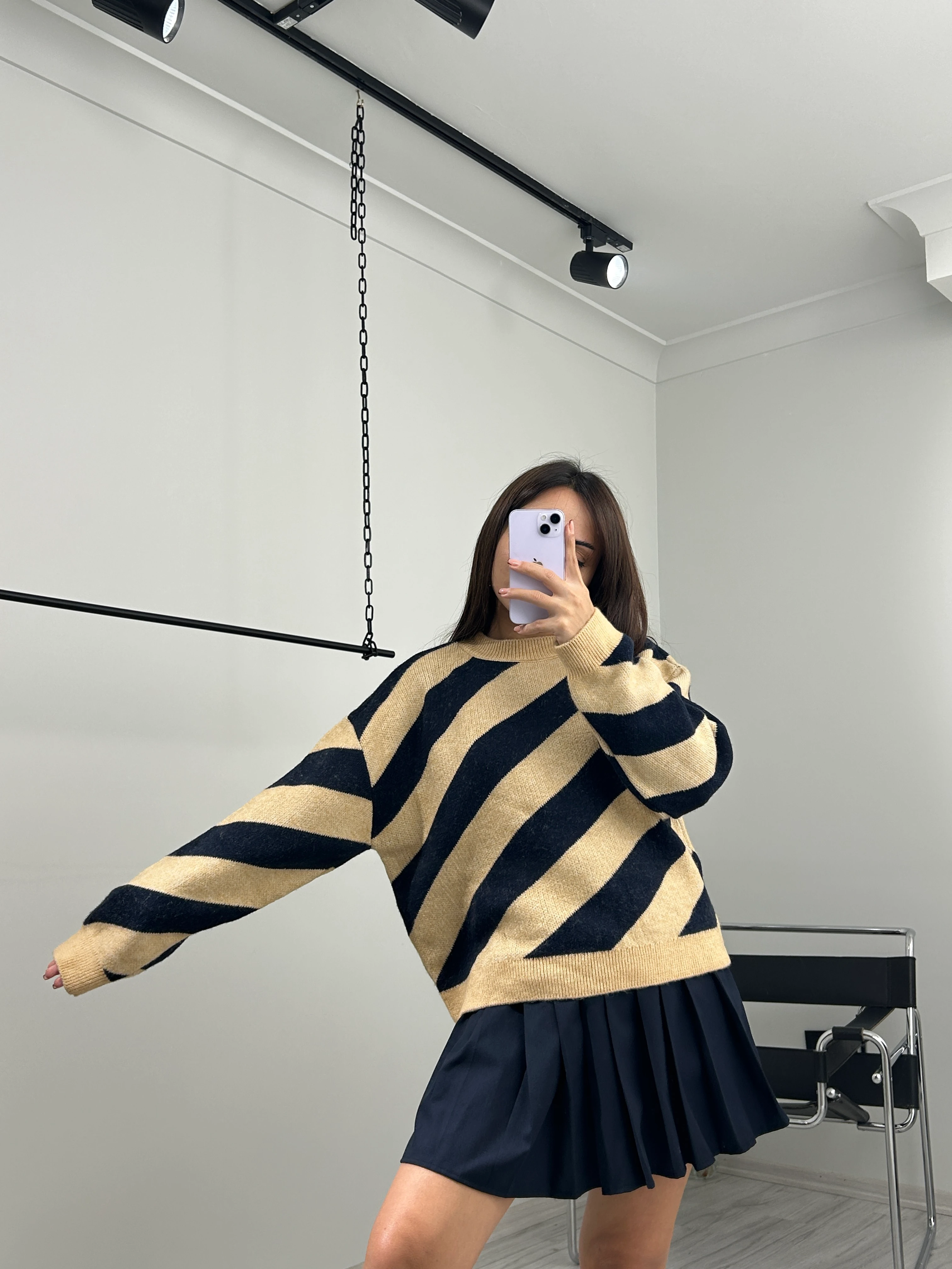 Bej Lacivert çizgili kazak