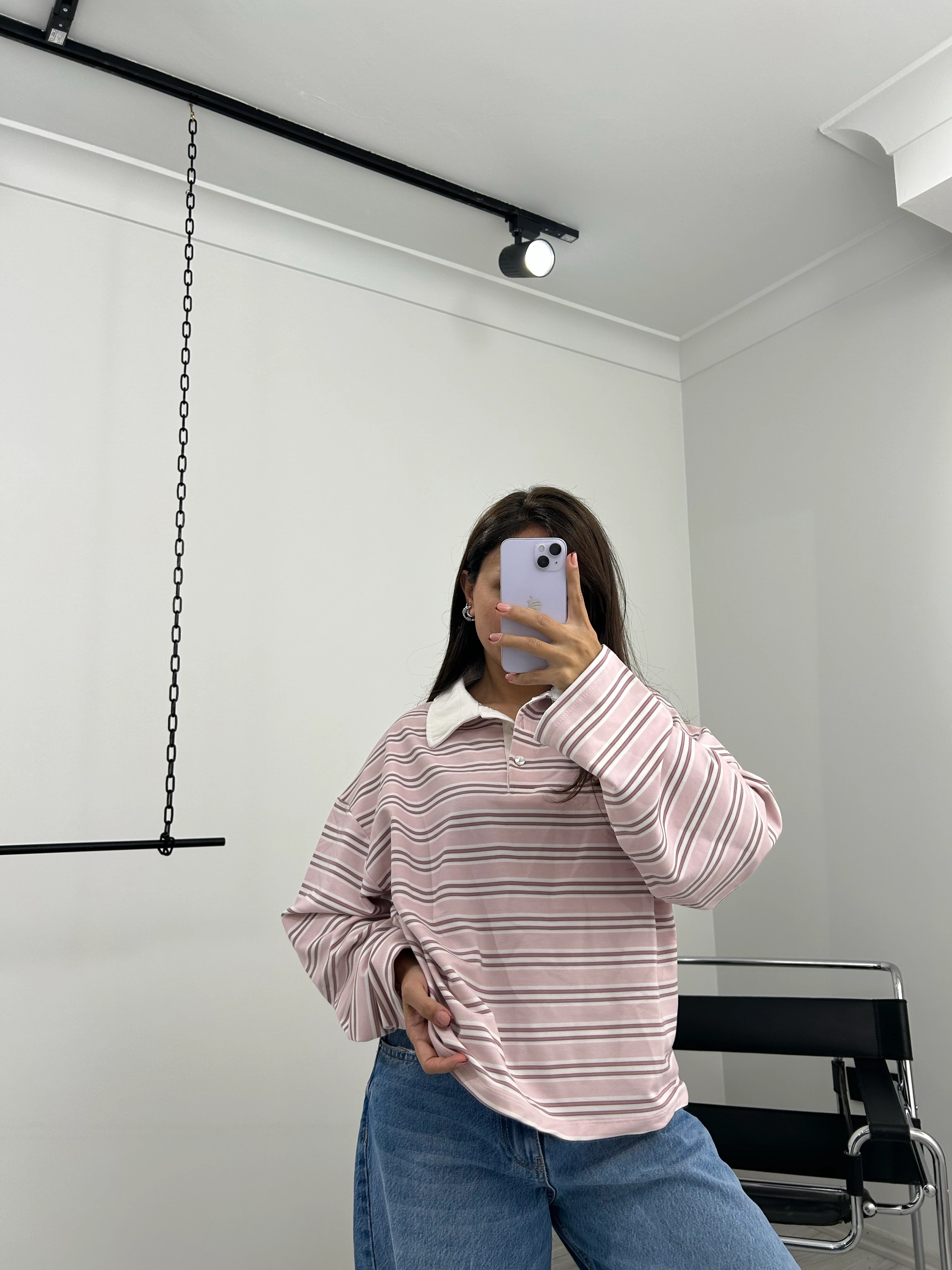 Çizgili polo yaka longsleeve