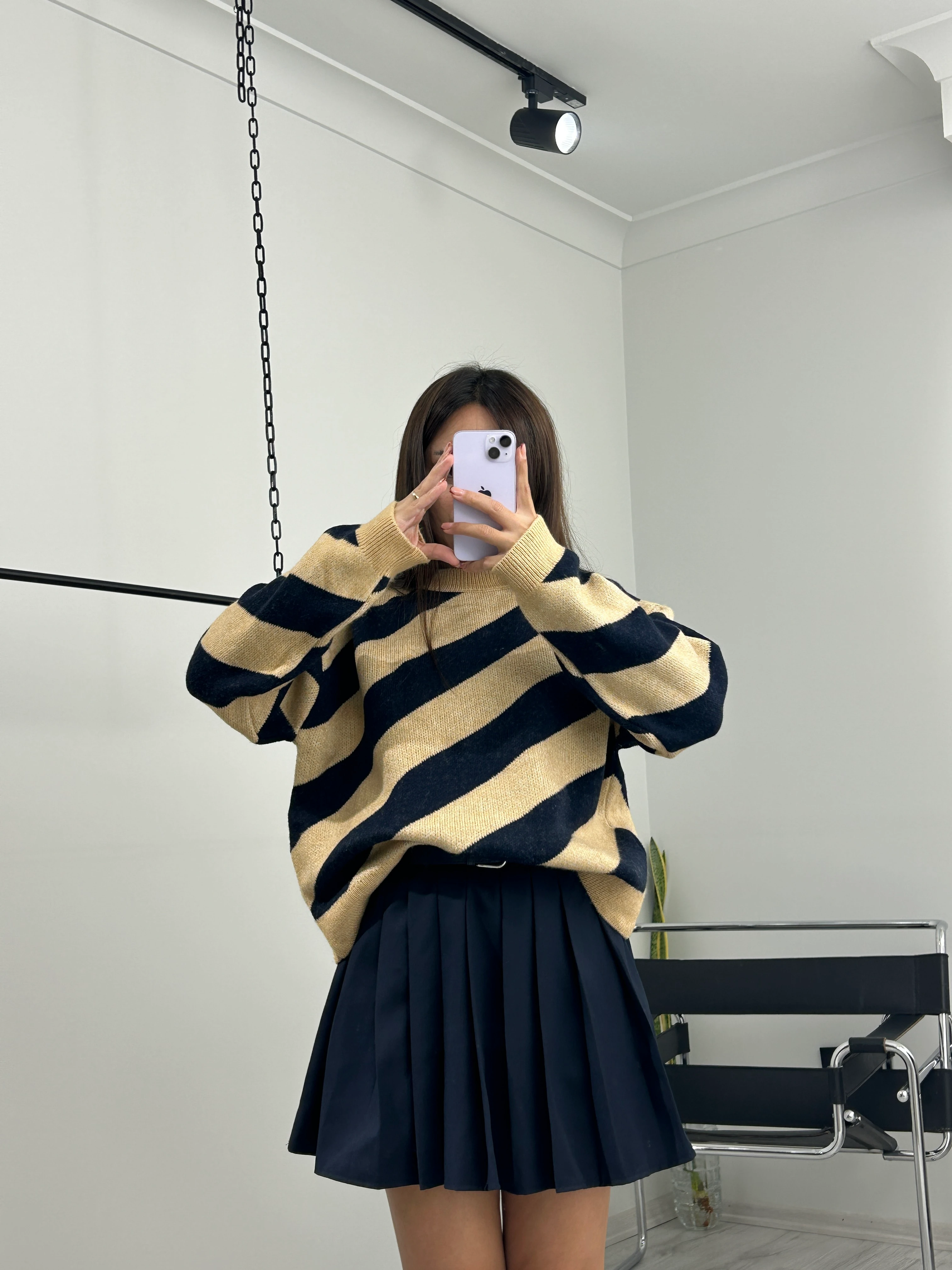 Bej Lacivert çizgili kazak