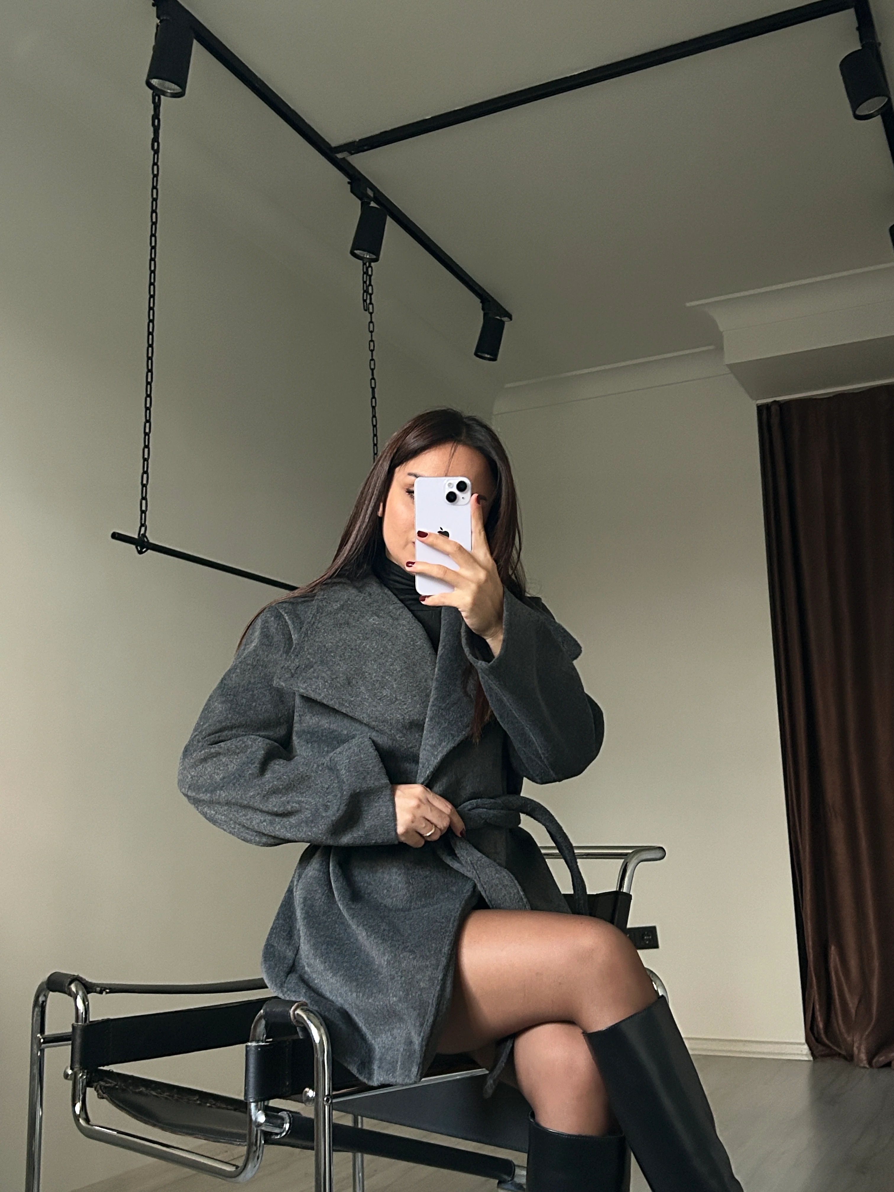 Dik yaka kuşaklı kaşe kaban