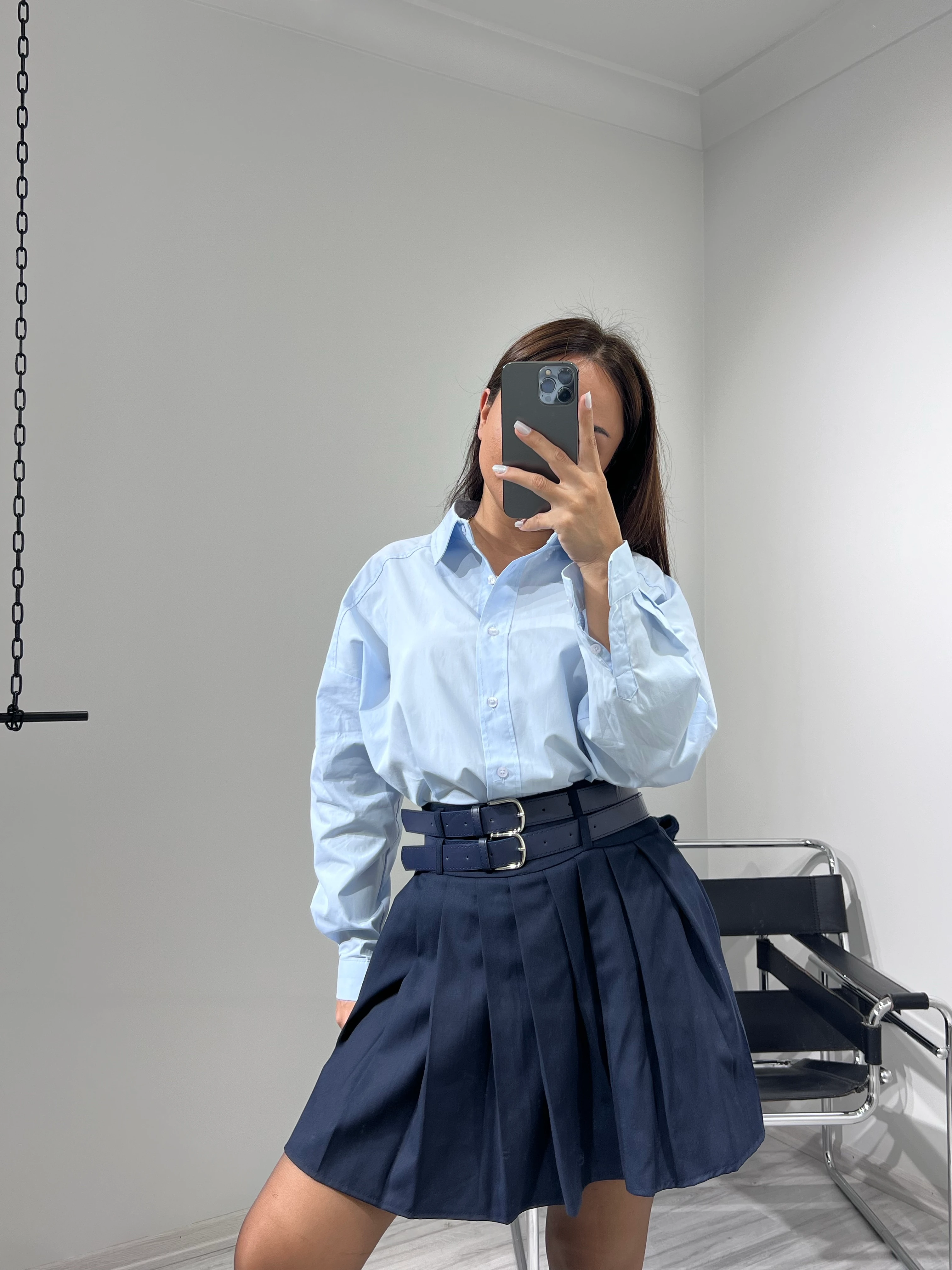 Çift kemerli pileli etek lacivert