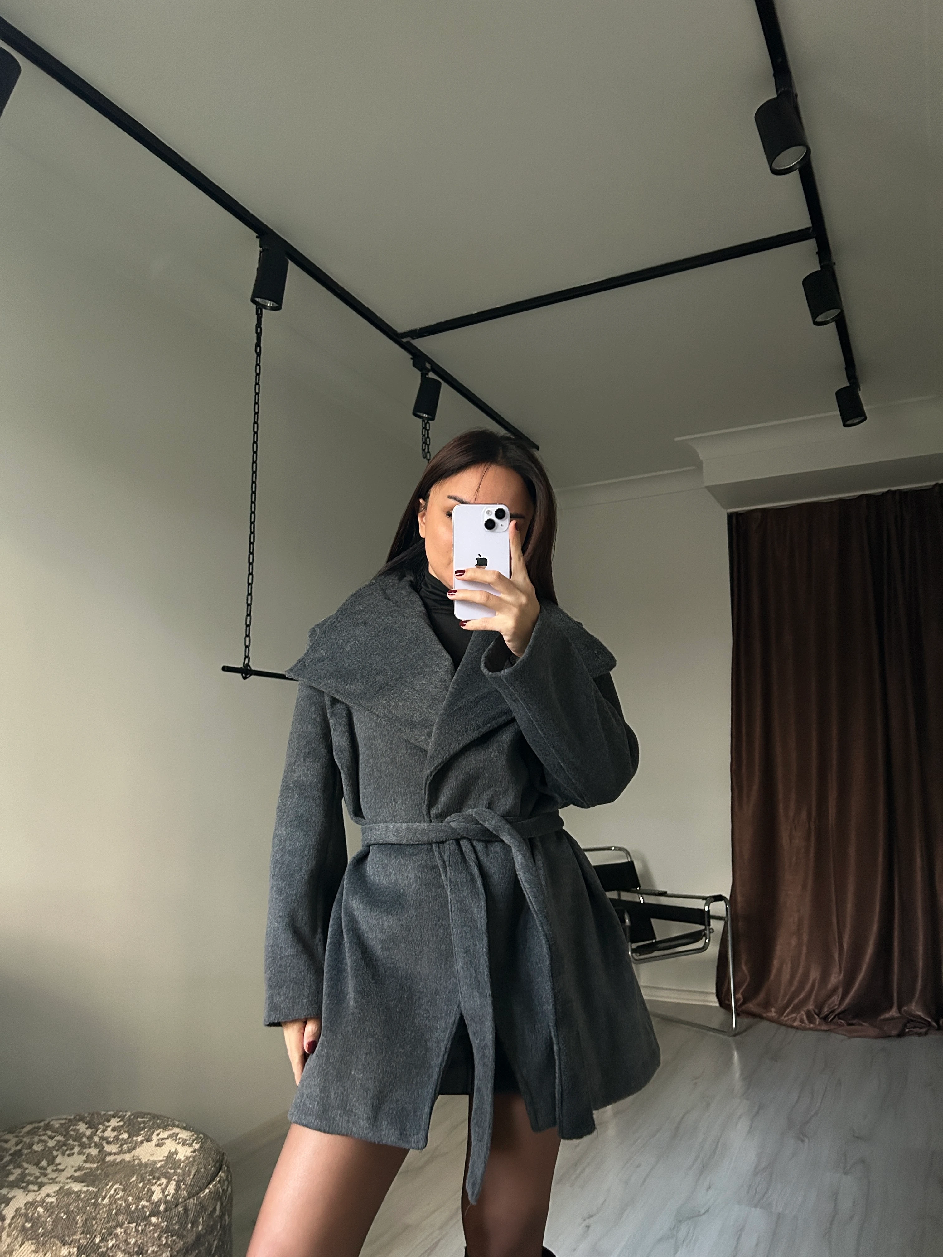 Dik yaka kuşaklı kaşe kaban