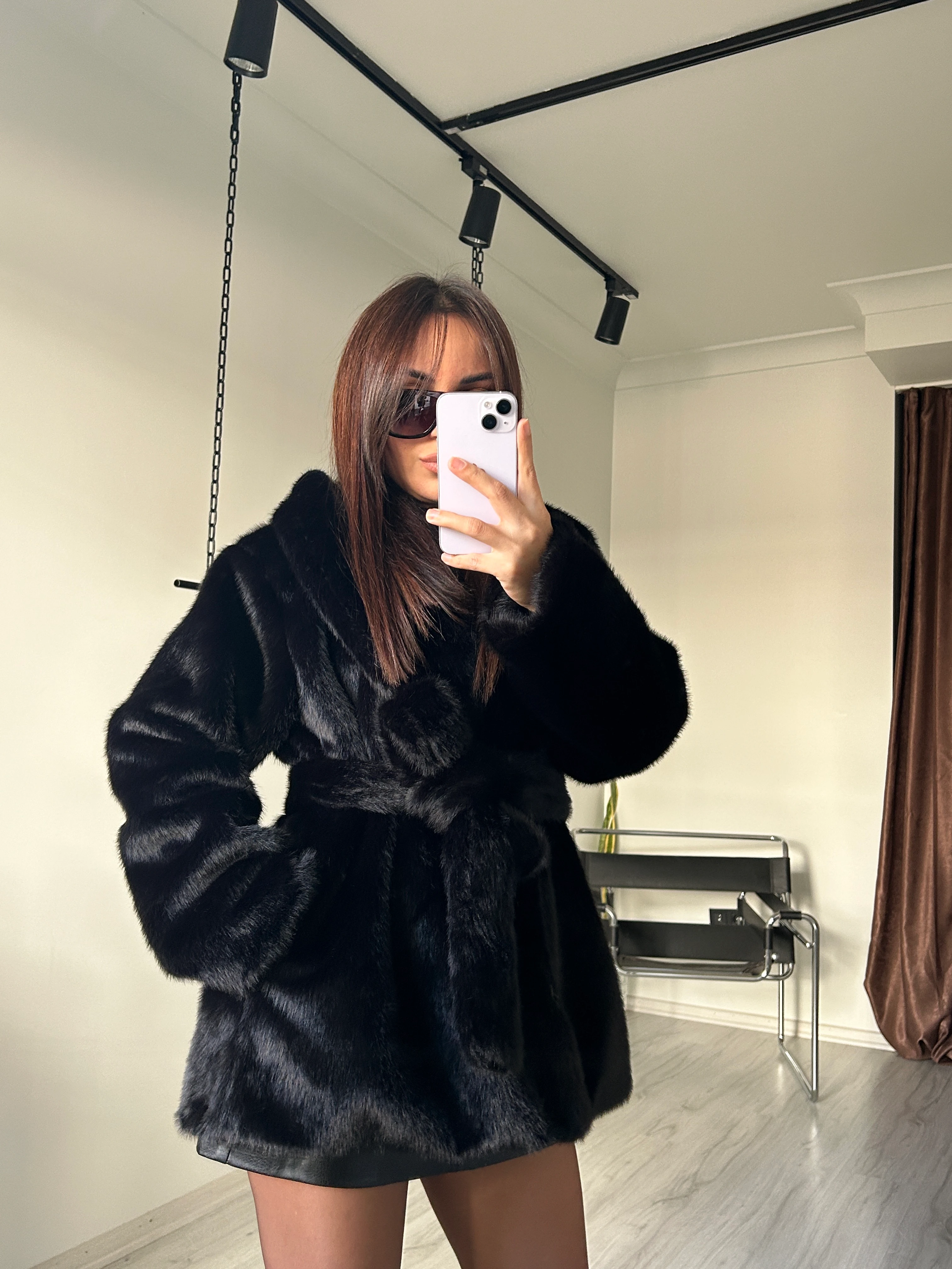 Kuşaklı Peluş Kürk siyah