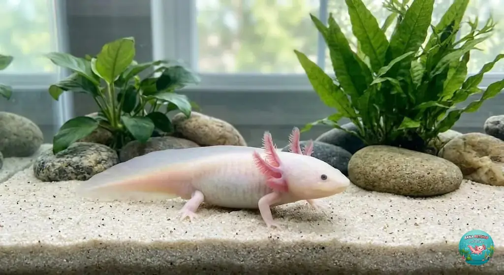 Bu görsel de canlı pembe rengi ve doğal yaşam alanını andıran bitkiler, axolotlun güzelliğini vurgular.