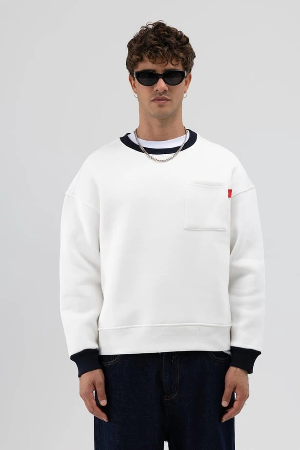 Cep Detaylı Sweatshirt - Beyaz