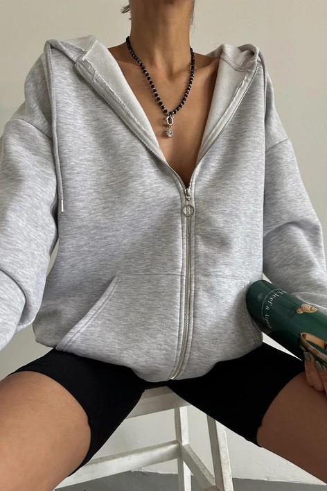 Unisex Kanguru Cepli Kapüşonlu Fermuarlı Rahat Kalıp Sweatshirt Hırka - Gri