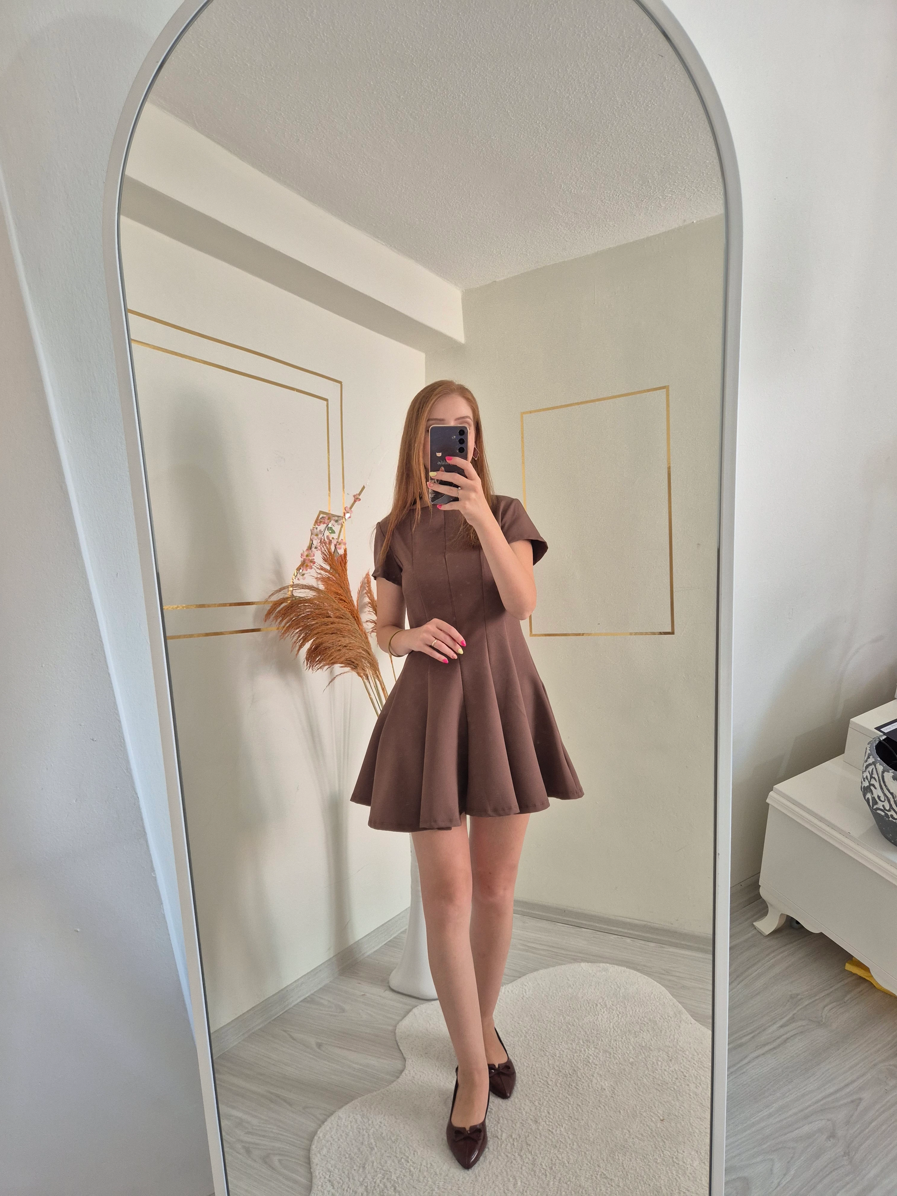 KAHVE VOLANLI FERMUARLI ELBİSE