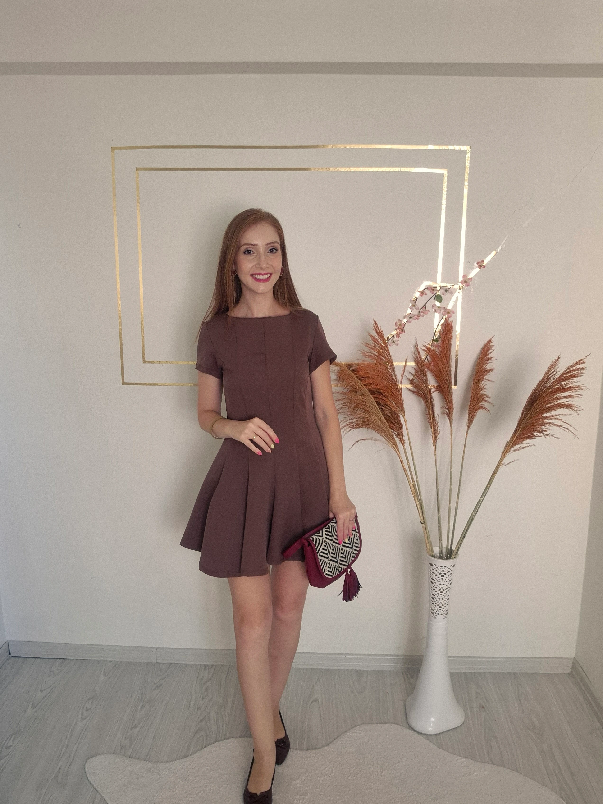 KAHVE VOLANLI FERMUARLI ELBİSE