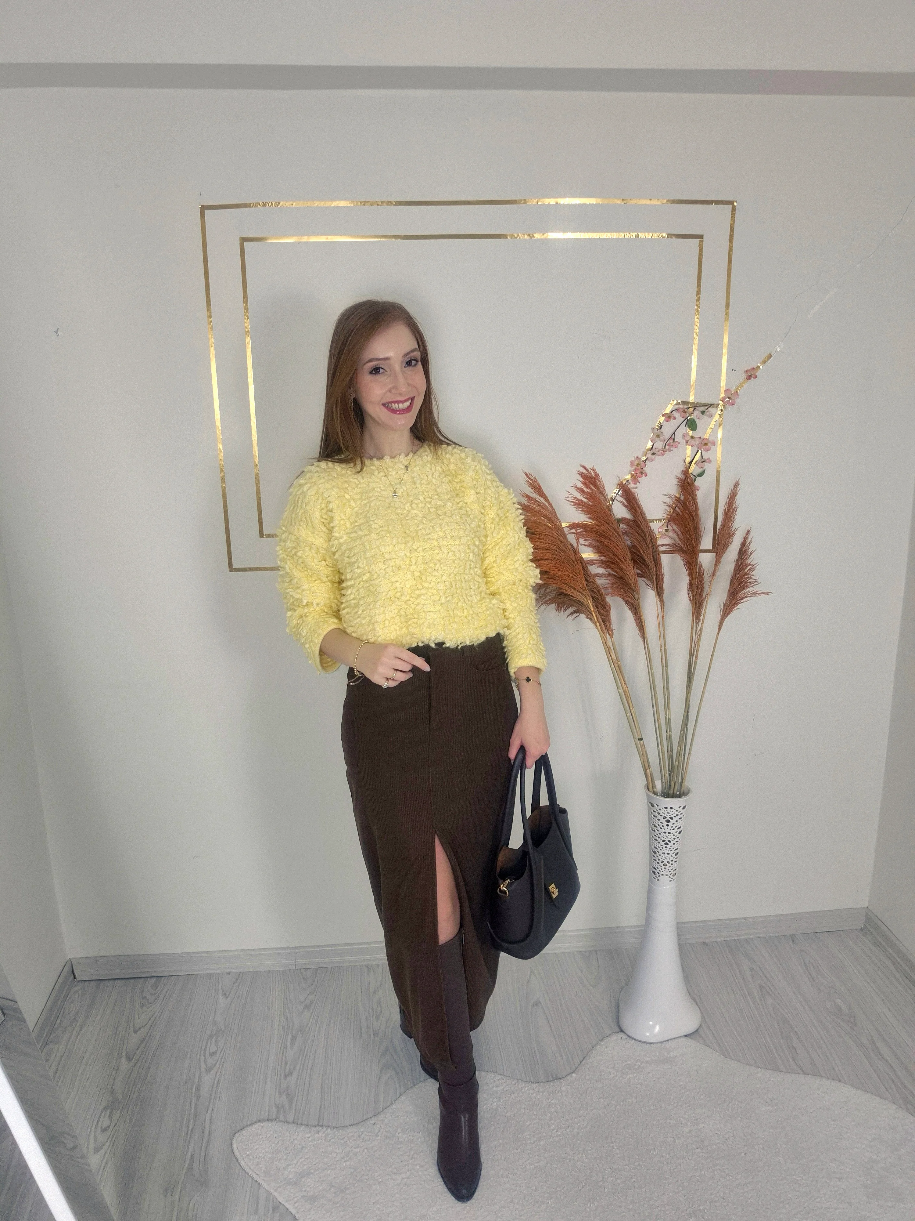 KAHVE KADİFE YIRTMAÇLI KALEM ETEK