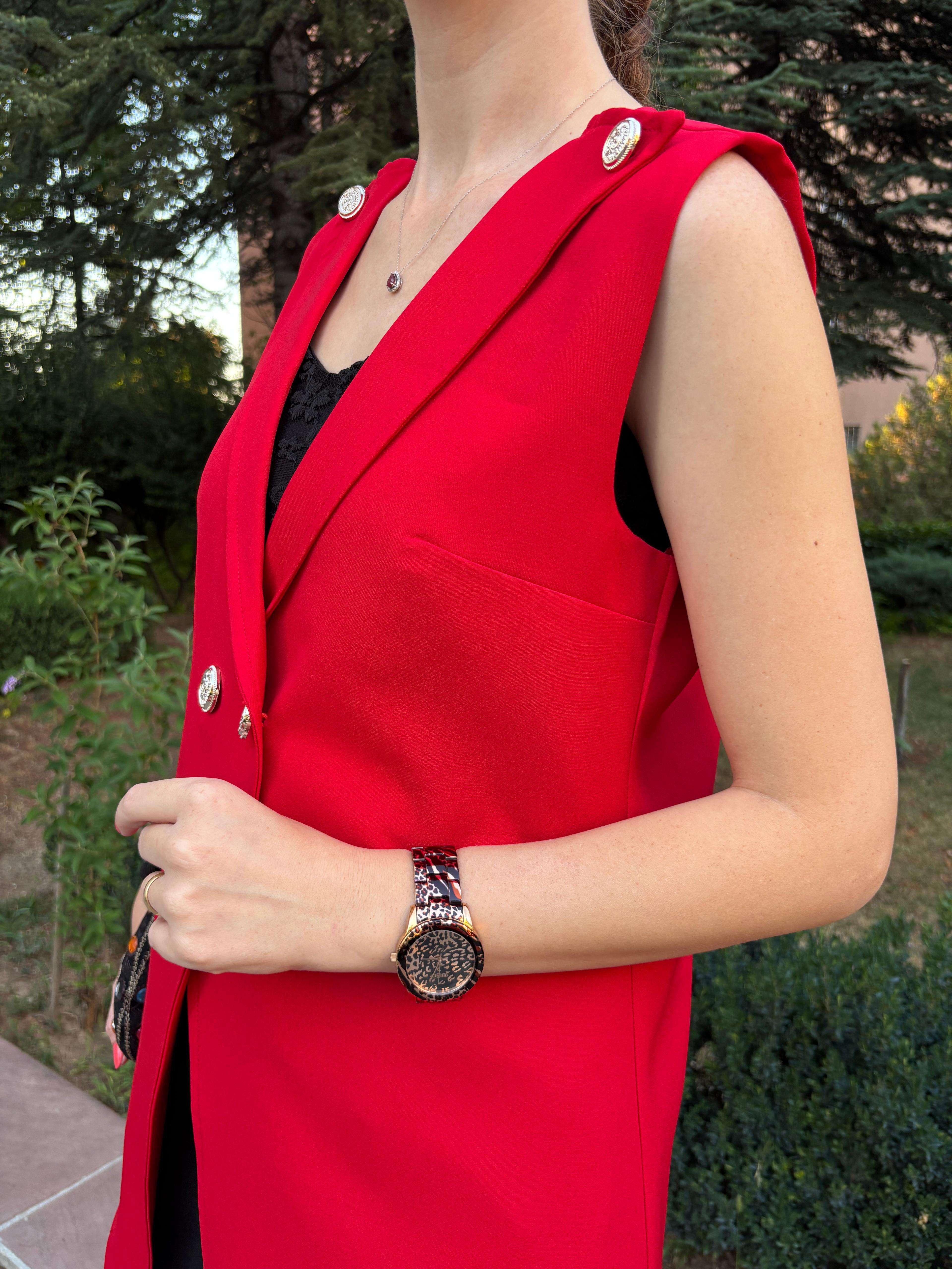 DÜĞME DETAYLI KIRMIZI BLAZER YELEK