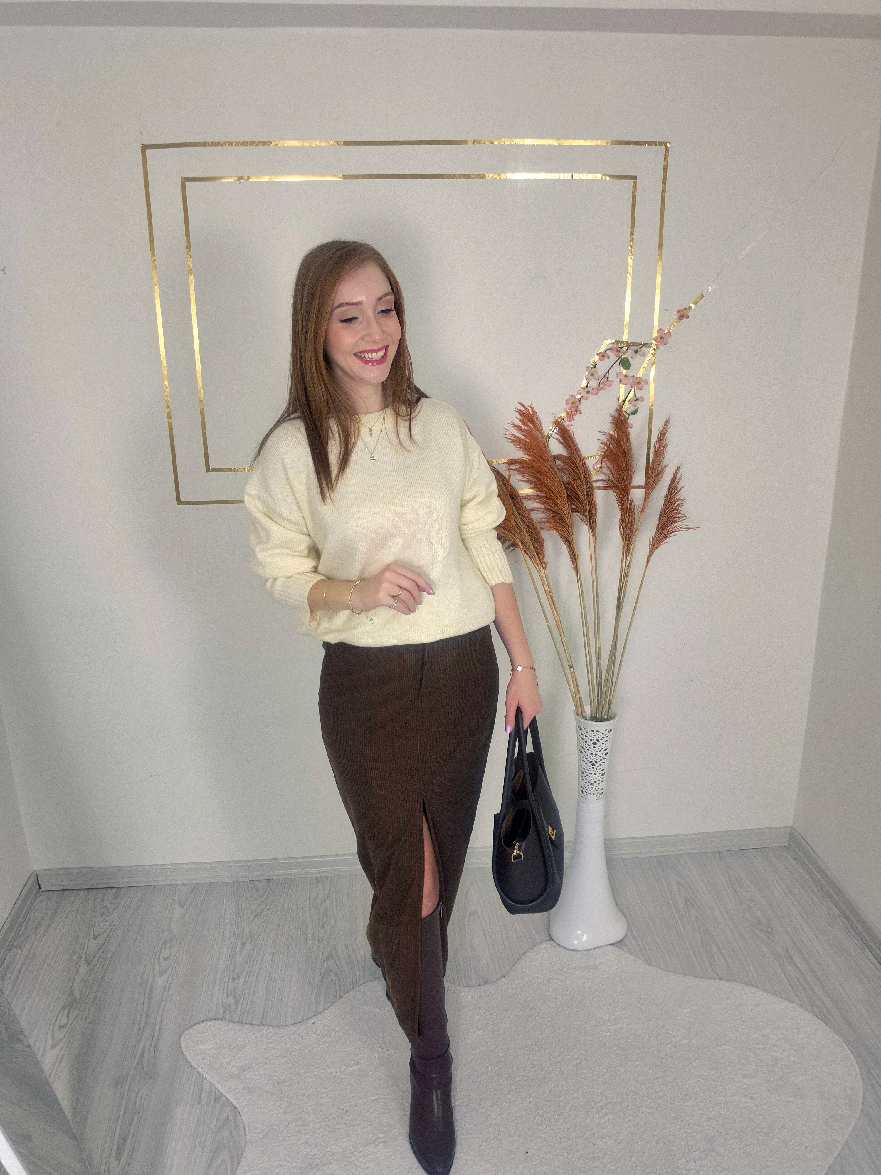 KAHVE KADİFE YIRTMAÇLI KALEM ETEK