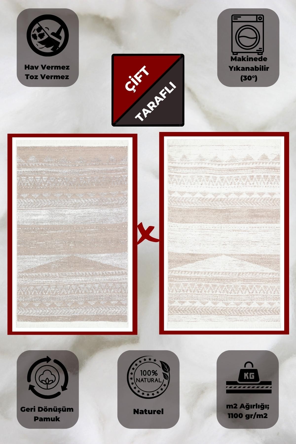 Yıkanabilir Çift Taraflı Bej Kilim Pamuk Kilim Eko Halı Modern Yolluk Bej Koridor kilimi