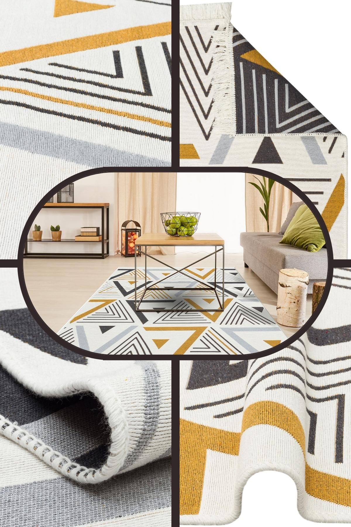 Yıkanabilir Çift Taraflı Kilim İskandinav Desen Pamuk Kilim Eko Halı Modern Yolluk Koridor kilimi - Yellow Grey