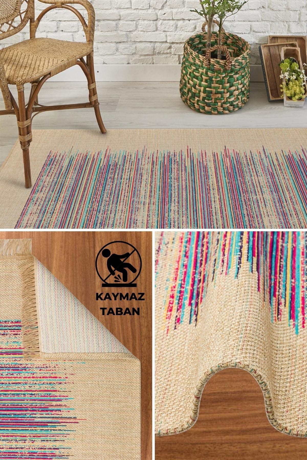 Jüt Hasır görünümlü Kaymaz Taban Kilim Robot Süpürgeye Uygun Kaymaz Yolluk Salon Kilim Eko Halı