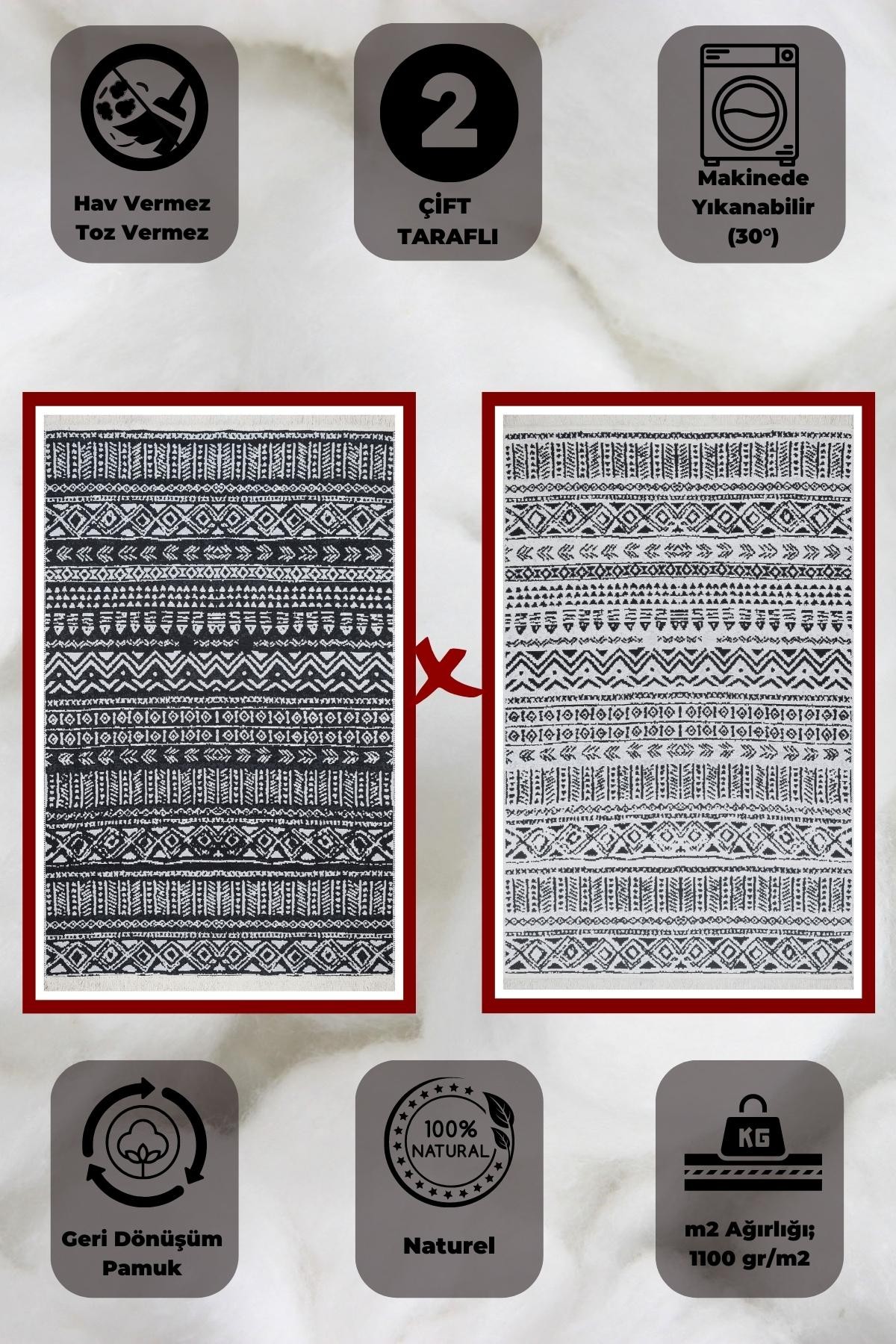 Yıkanabilir Çift Taraflı Kilim İskandinav Desenli Pamuk Kilim Eko Halı Modern Yolluk Koridor Kilimi