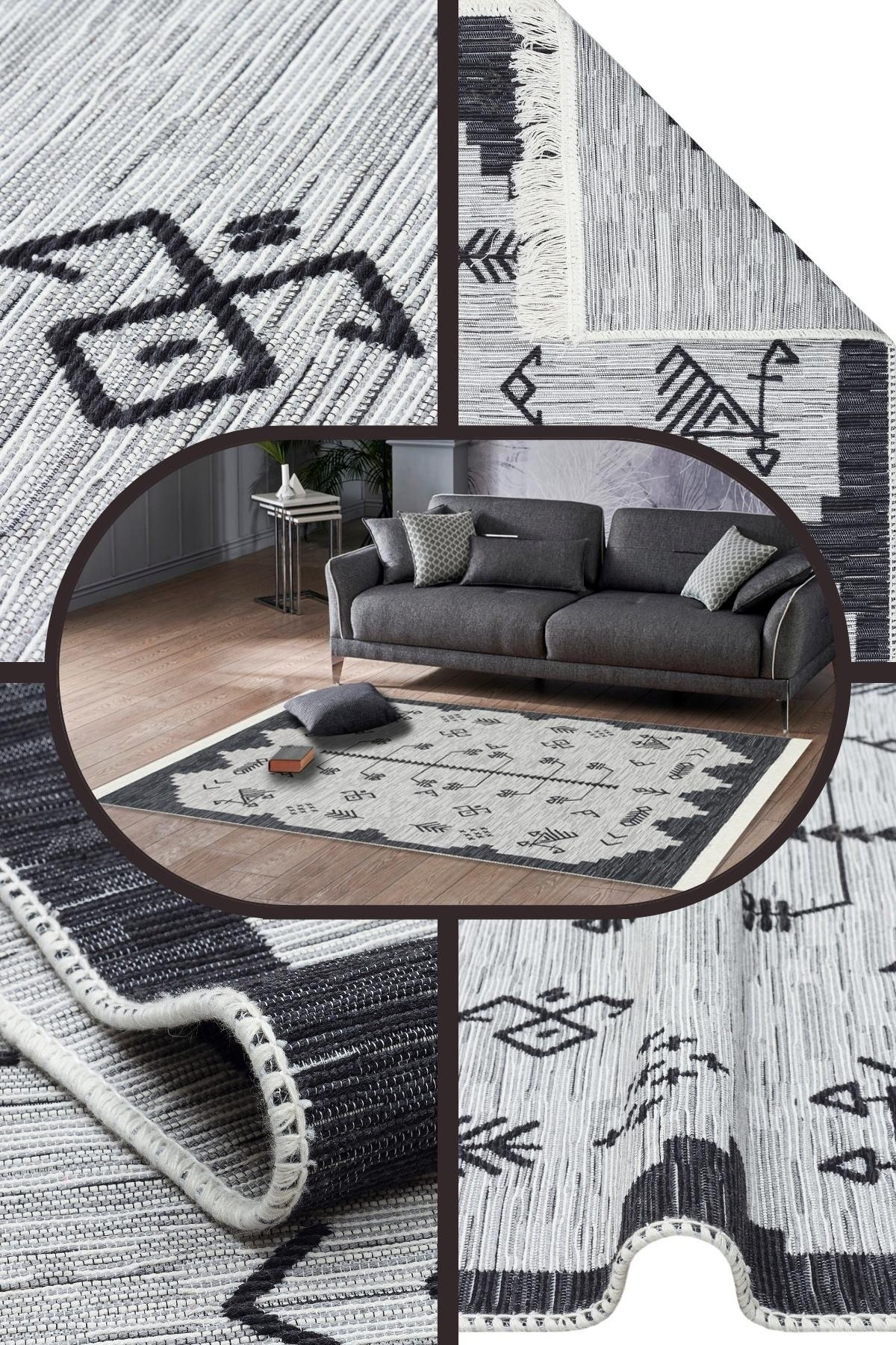 Yıkanabilir Çift Taraflı Kilim İskandinav Desen Pamuk Kilim Eko Halı Modern Yazlık Salon kilimi