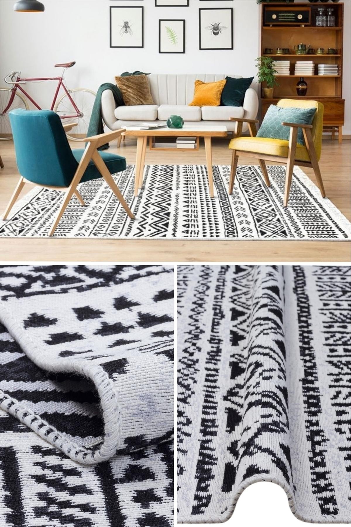 Yıkanabilir Çift Taraflı Kilim İskandinav Desenli Pamuk Kilim Eko Halı Modern Yolluk Koridor Kilimi