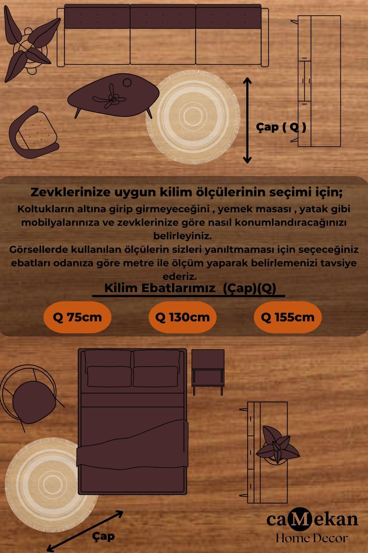 Yuvarlak Jüt Hasır görünümlü Kaymaz Taban Kilim Robot Süpürgeye Uygun Kaymaz Yuvarlak Kilim Eko Halı