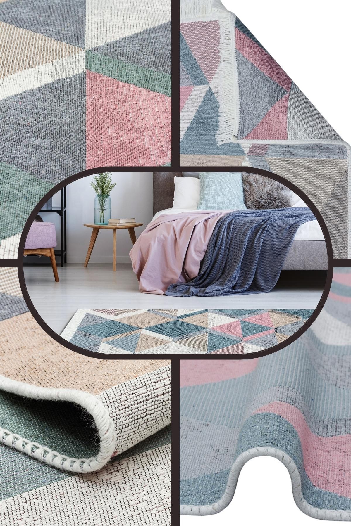 Yıkanabilir Çift Taraflı Kilim Eko Halı Kilim Dekoratif Halı Kilim Pamuk Salon Kilimi Mutfak Kilimi - Blue Pink