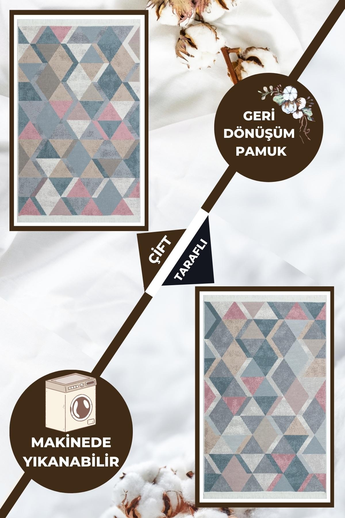 Yıkanabilir Çift Taraflı Kilim Eko Halı Kilim Dekoratif Halı Kilim Pamuk Salon Kilimi Mutfak Kilimi - Blue Pink