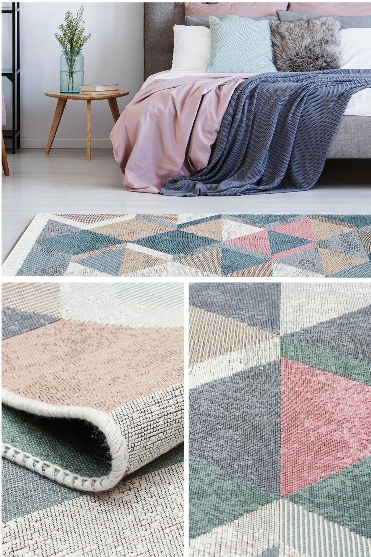 Yıkanabilir Çift Taraflı Kilim Eko Halı Kilim Dekoratif Halı Kilim Pamuk Salon Kilimi Mutfak Kilimi - Blue Pink