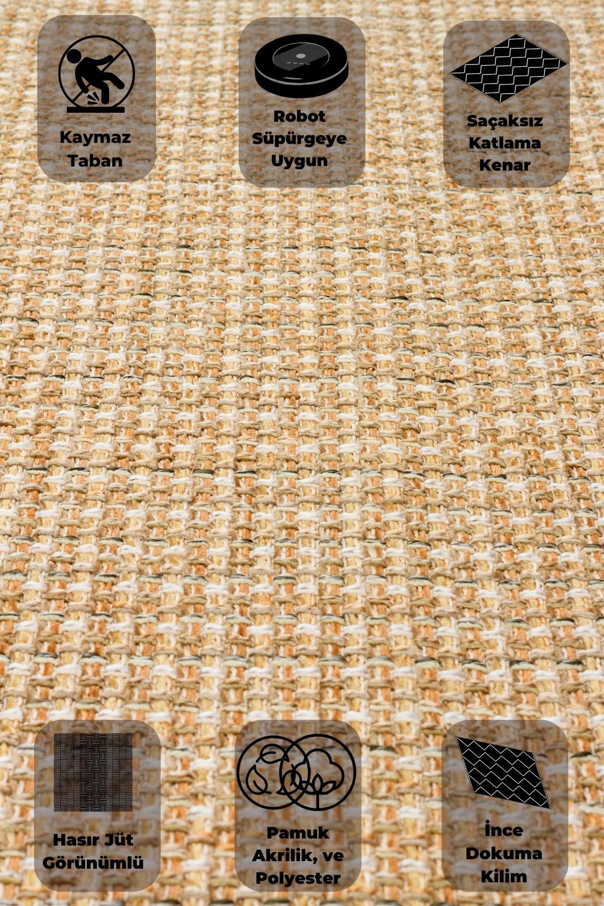 Dekoratif Kaymaz Taban Kilim Robot Süpürgeye Uygun Jüt Hasır görünümlü Modern Dokuma Kilim Eko Halı - Natural Beige